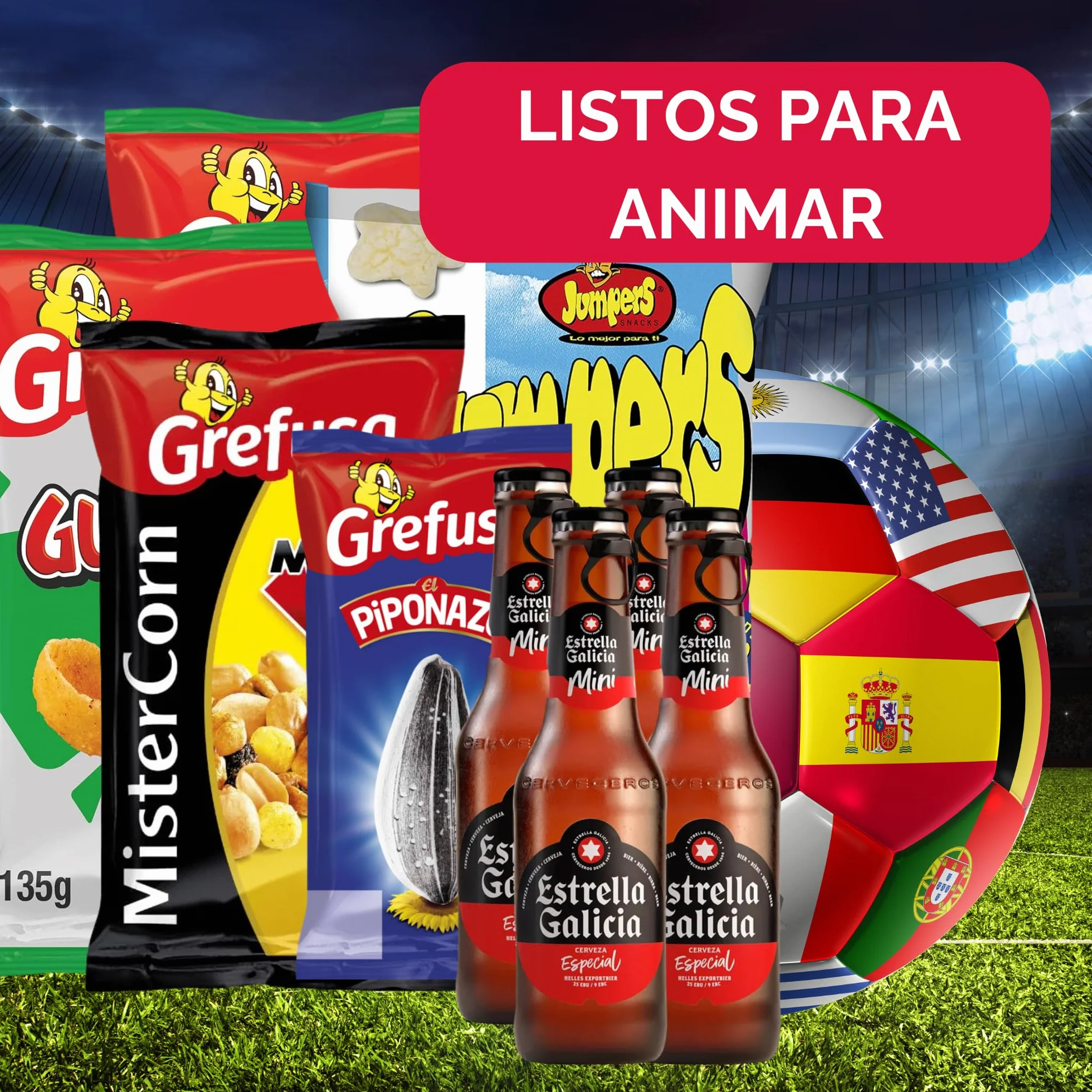 Pack Mundial Snacks Combo 3-4 Personas Cerveza GublinsBBQ MisterCorn Mix Jumper Piponazo 4 Botellines Aperitivos Fútbol Caja Regalo 2026