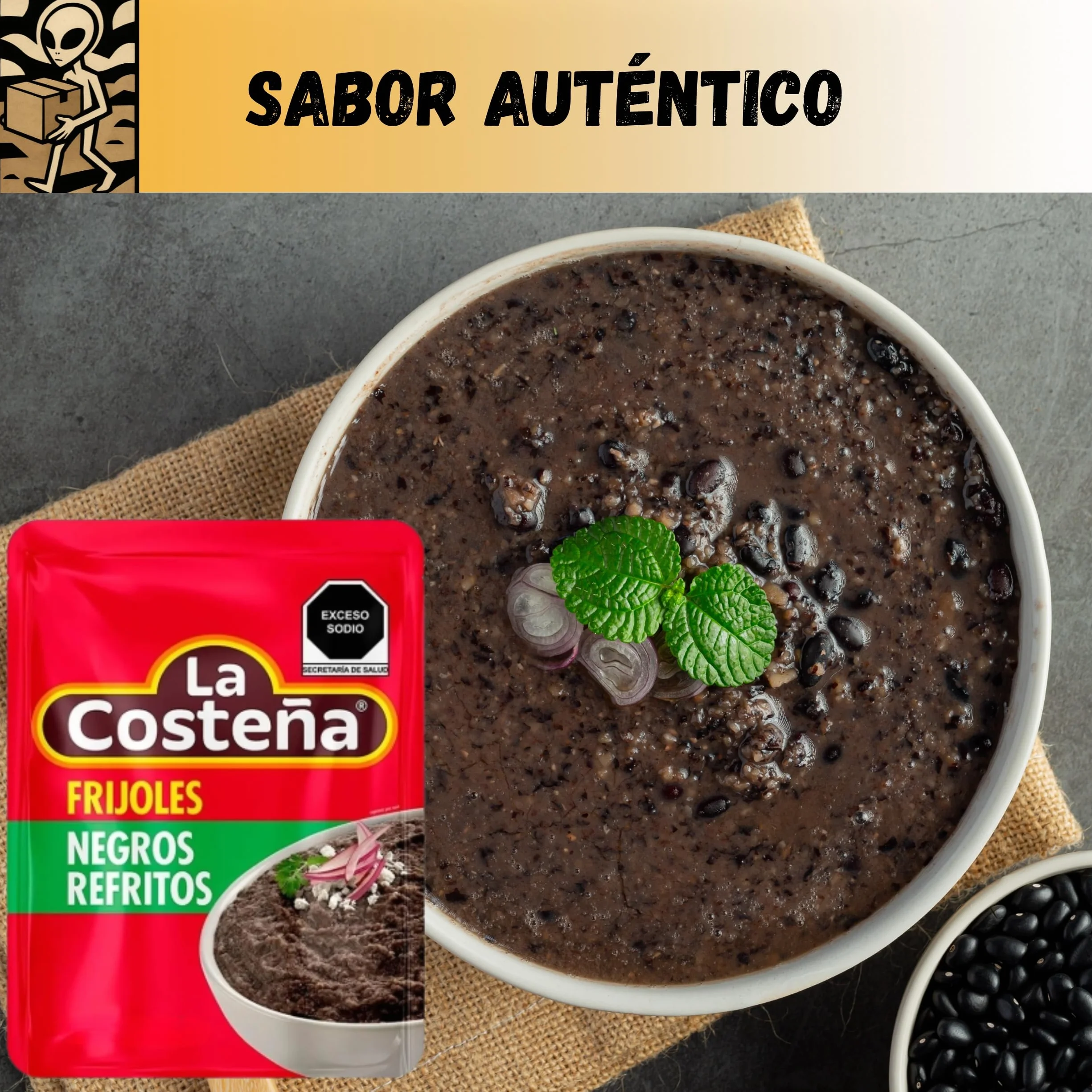 Pack x3 Frijoles Negros Refritos La Costeña 220g, Frijoles Mexicanos Listos para Comer, Ideal para Tacos y Burritos