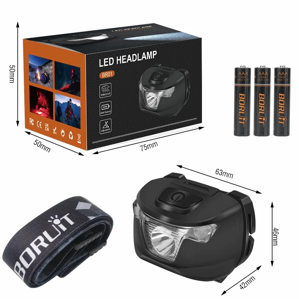 BORUIT BR01 Linterna Frontal LED IP66 Impermeable 4 Modos Luz Roja y Blanca para Running Camping