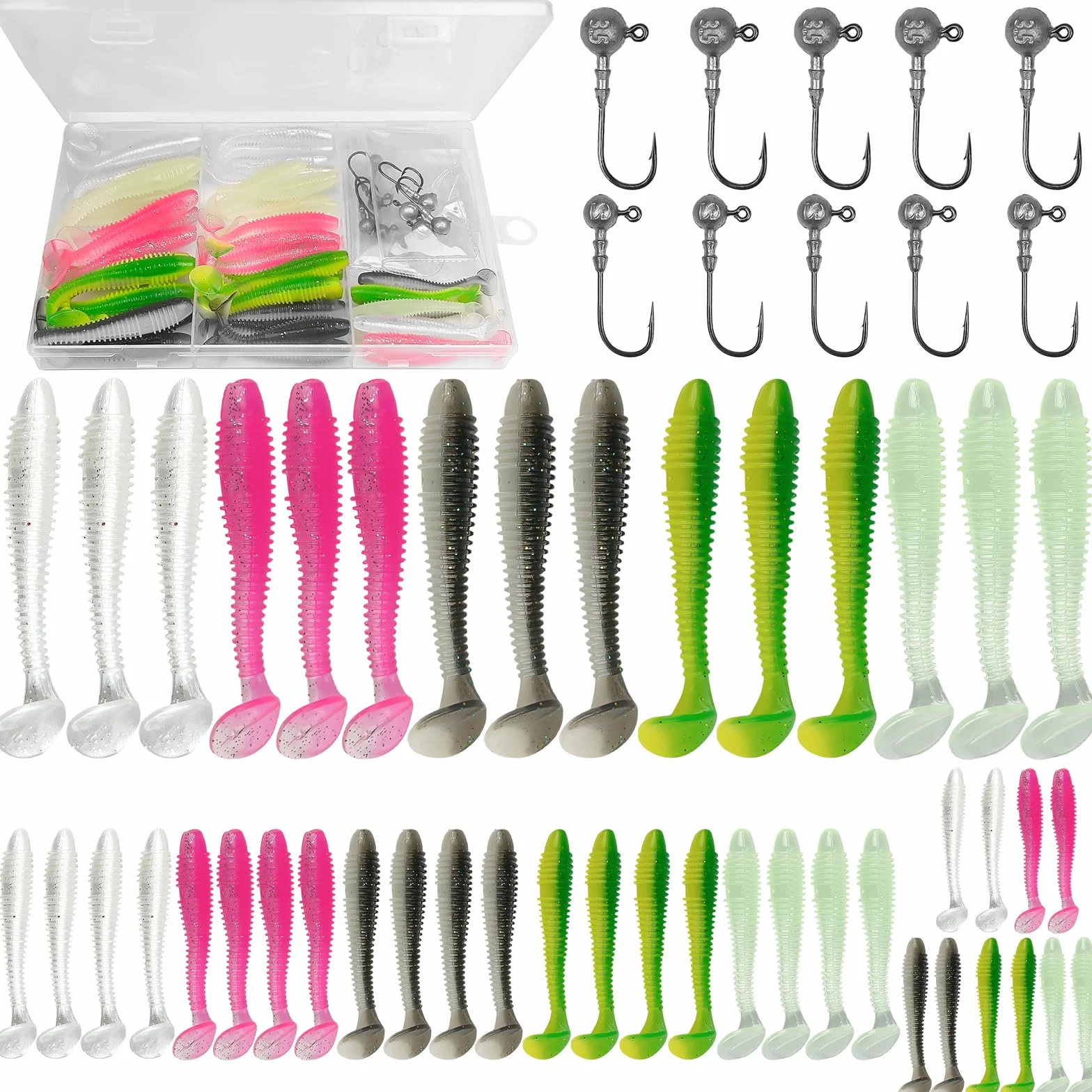 Señuelos de pesca blandos 45 piezas con cabezas triangulares 10 piezas 5,5 cm 6,5 cm 7,5 cm cebo flotante goma con cabeza caja plástico 5 colores