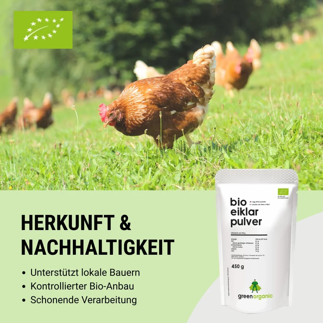 Polvo de clara de huevo orgánico GreenOrganic, 450 g, pasteurizado, secado por pulverización