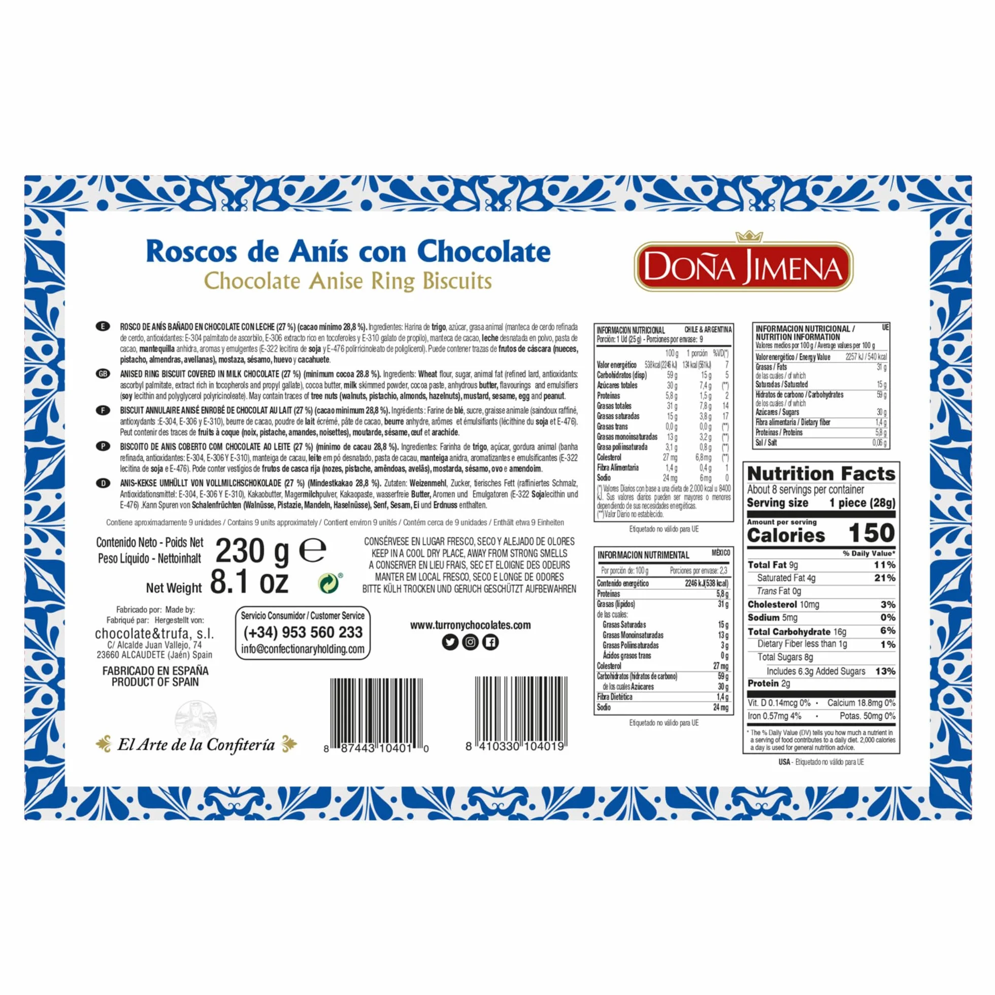 Doña Jimena - Roscos de Anís Bañados de Chocolate, Calidad Suprema, Típico Dulce Navideño, Receta Artesanal, 230g