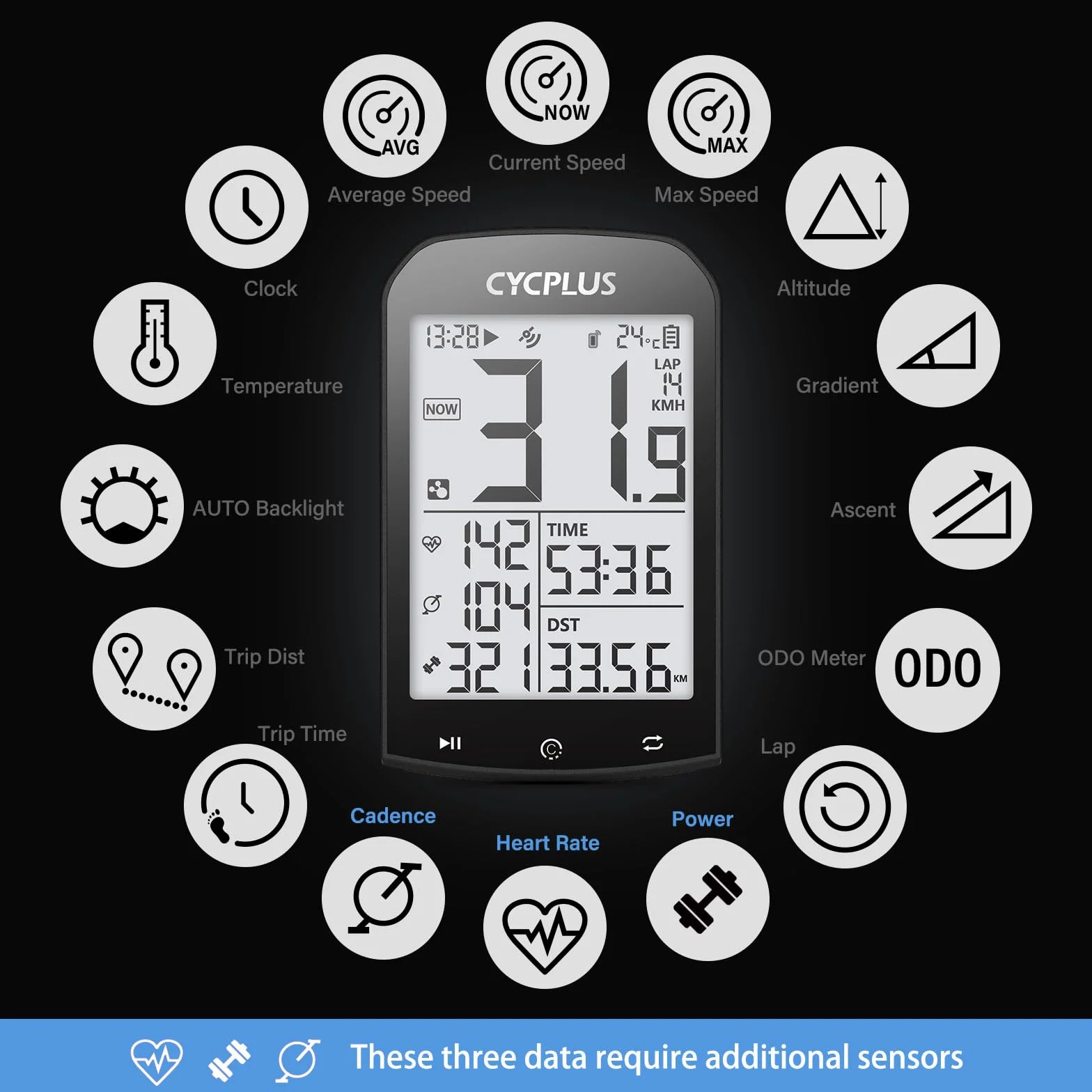 CYCPLUS GPS Computadora para Bicicleta Velocímetro Ant+ Bluetooth Pantalla LCD 2,9 Pulgadas