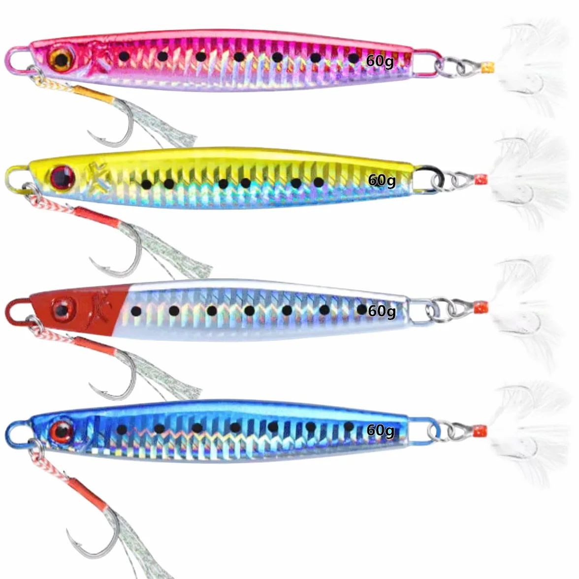 Señuelos de Pesca de Mar Hundimiento Profundo WASAGA 4 Piezas 60-180g Cebo Giratorio Metal Duro para Atún Salmón Mero Jigging