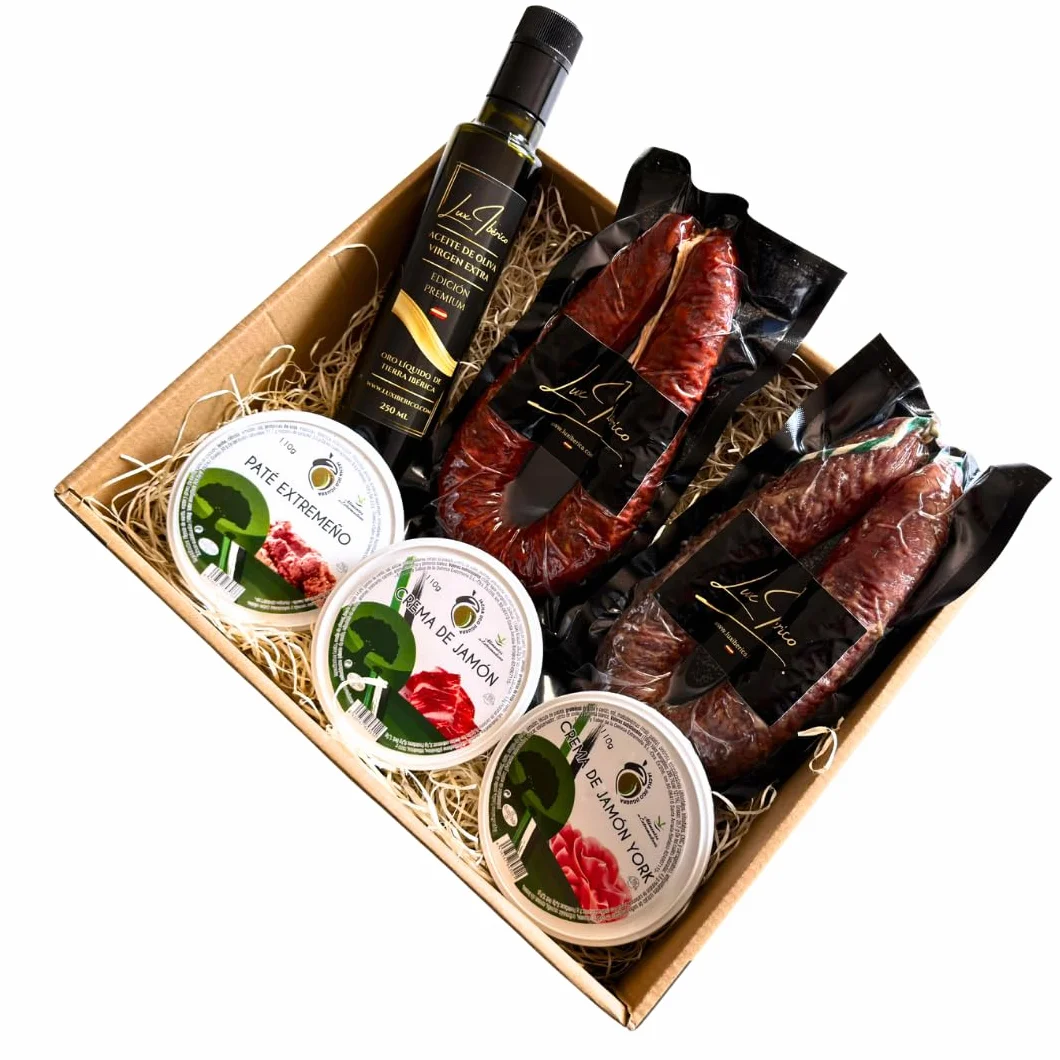 Cesta Regalo Galileo - Embutidos, Patés Extremeños y Aceite de Oliva | Chorizo y salchichón ibérico, tres patés extremeños y aceite de oliva virgen extra. Aperitivo variado listo para regalar.