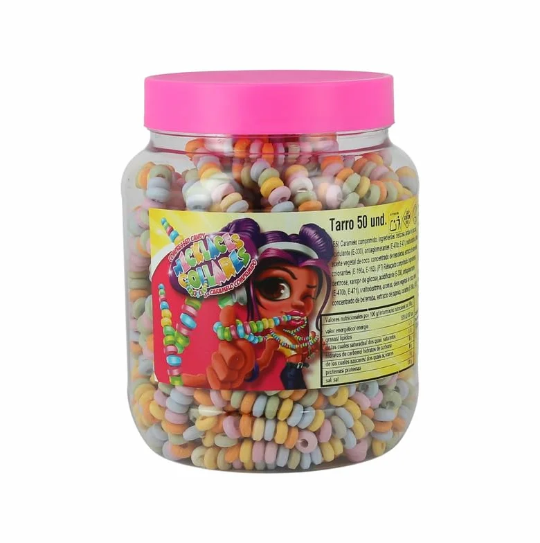 Collares de Caramelos de Dextrosa en Tarro – 50 Collares Multicolor de Caramelos Comprimidos, Sin Gluten, Dulces Tradicionales de Fiesta y Carnaval, Sabor Frutal, Ideal para Regalo o Compartir