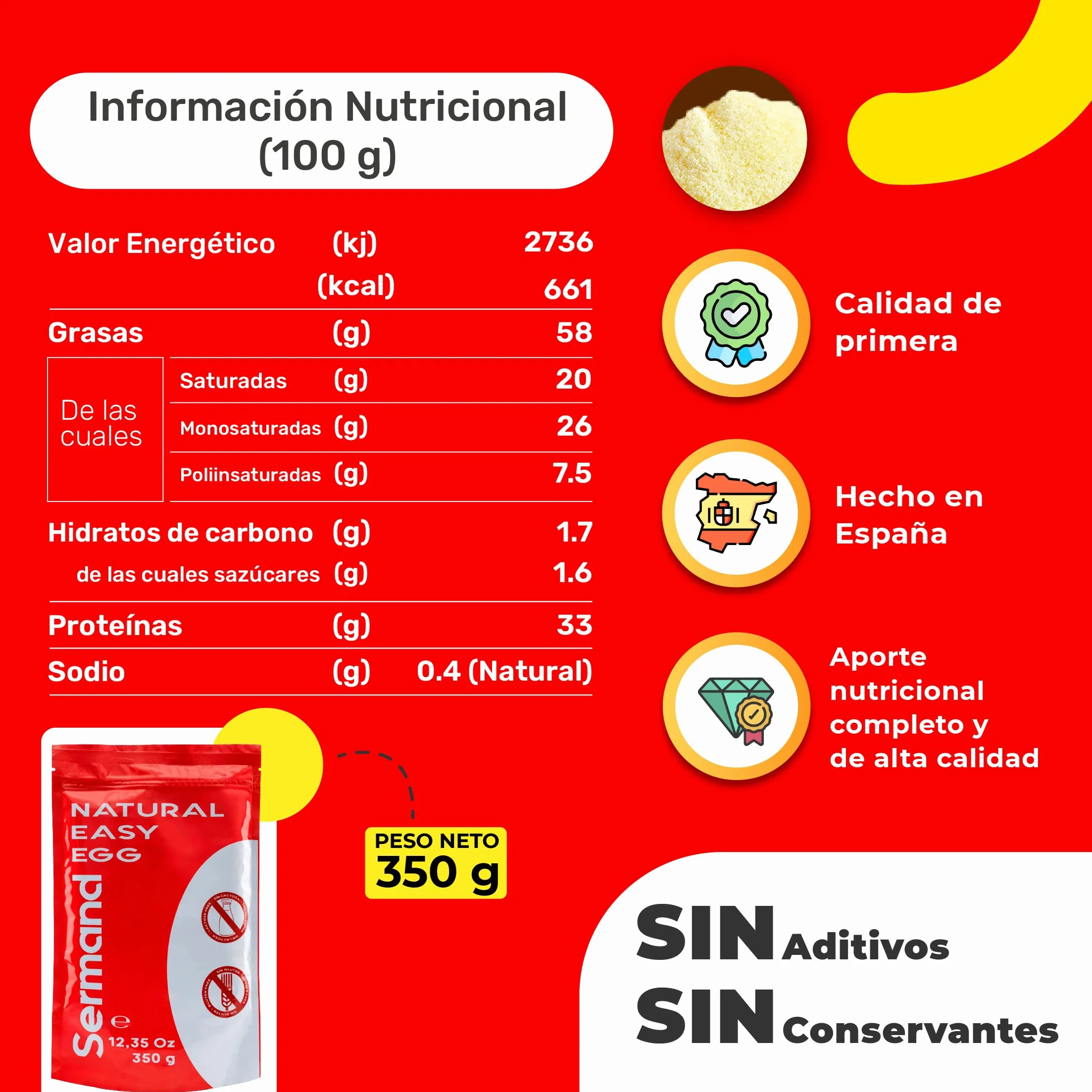 Yema de Huevo en Polvo 350g Yemas de Huevos Camperos Sin Aditivos Sin Lactosa Bolsa Zip
