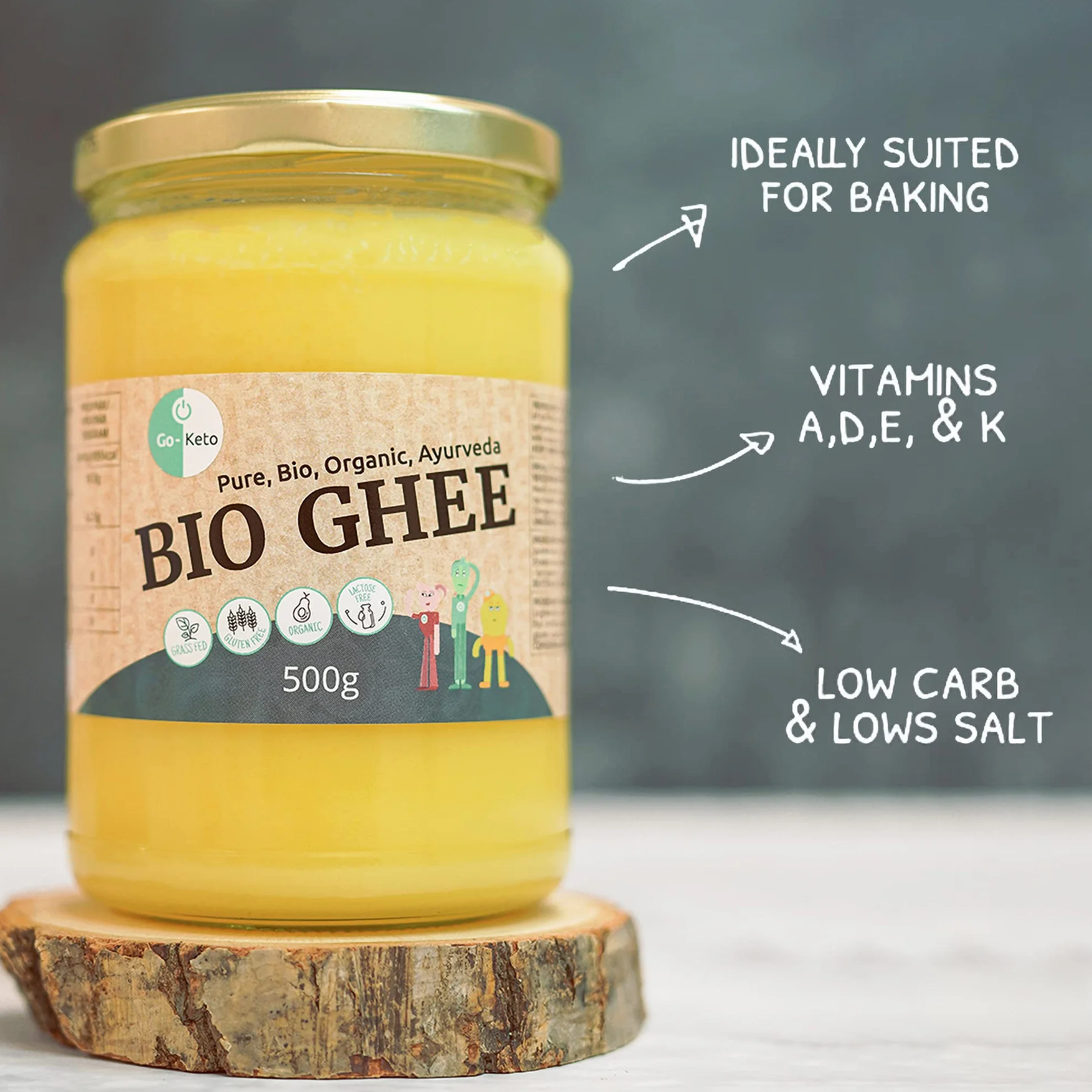 Go-Keto BIO Ghee, 500g | Mantequilla 100% clarificada, certificada BIO, Ayurveda | perfecto para la dieta cetogénica | ideal para hornear y asar | Sin lactosa, sin gluten, bajo en carbohidratos