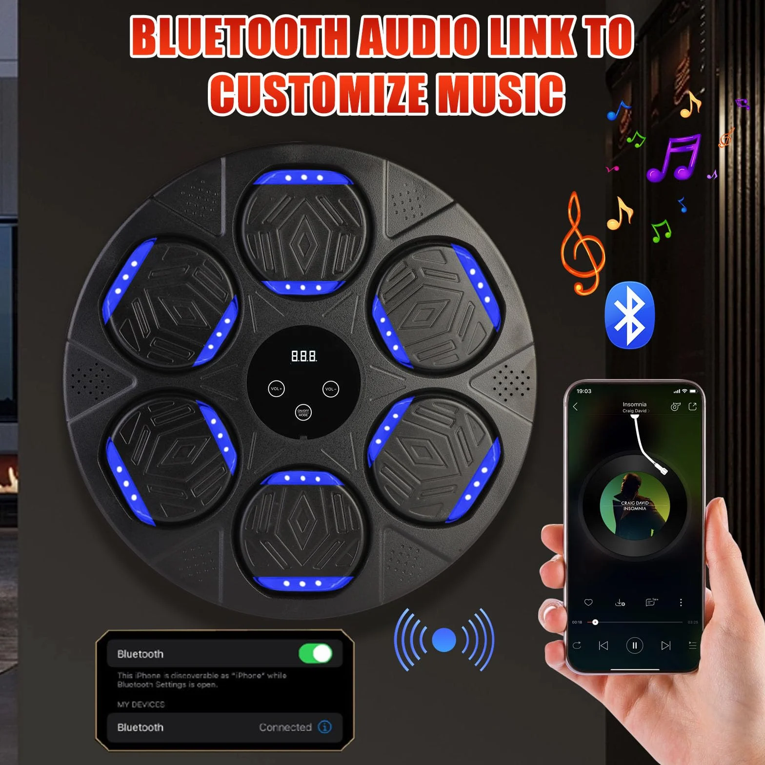 Máquina de Boxeo con Música, Montaje en Pared, Entrenador Inteligente Bluetooth con Luz LED, 7 Modos de Velocidad, Guantes para Adultos y Niños