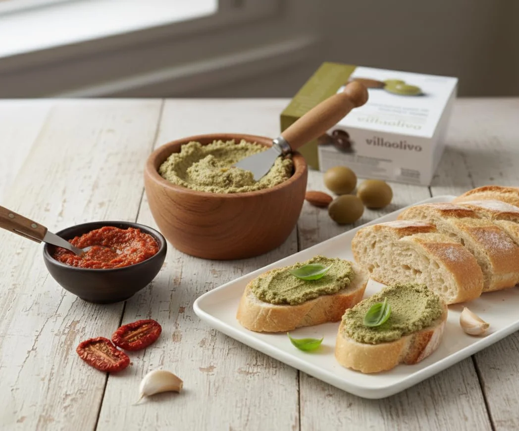 Villaolivo - Pack 12x125g Paté Gourmet de Aceitunas Verdes con Almendras y Aceitunas Negras con Almendras | 100% Natural, Vegano y Sin Conservantes | Ideal para Tapas y Tostadas | Hecho en España