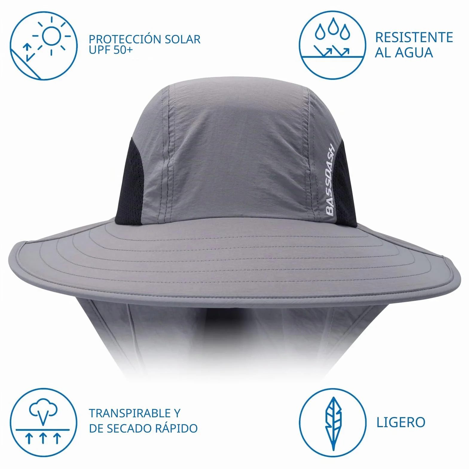 Bassdash UPF 50+ Sombrero de Sol de ala Ancha Resistente al Agua con Solapa de Cuello Grande para Pesca