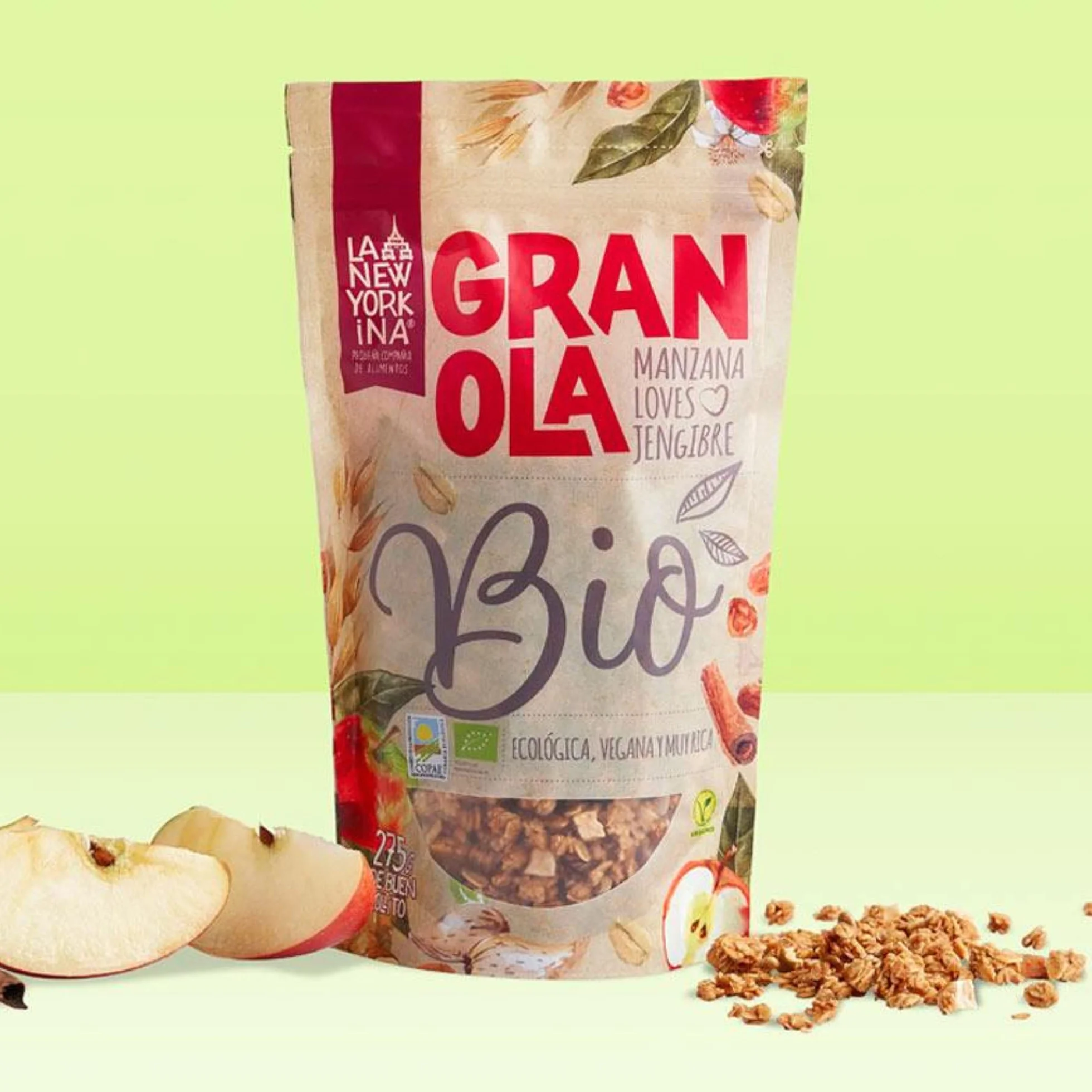 La Newyorkina Granola BIO Manzana Loves Jengibre 275g Con Chips Crujientes de Manzana y Aceite de Oliva Virgen Extra