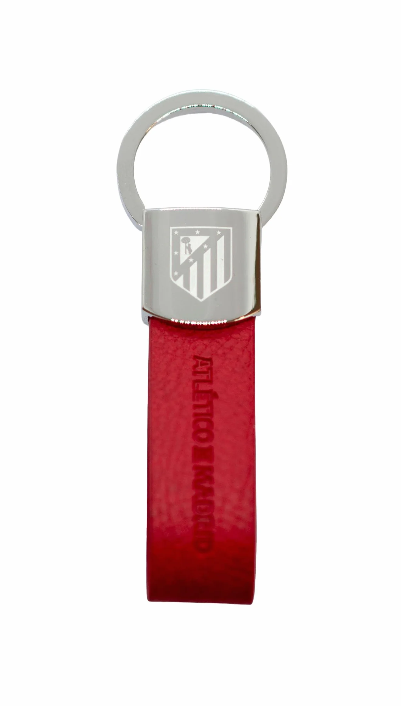 Llavero oficial Atlético de Madrid piel rojo 100% vacuno escudo grabado caja negra