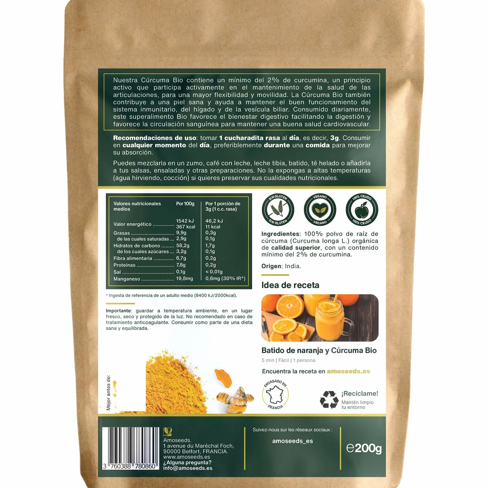 Cúrcuma en polvo Bio 200G | 100% Raíces de Cúrcuma Orgánica con Curcumina | Articulaciones, Digestión | Para Comidas, Golden Latte | Primera Calidad