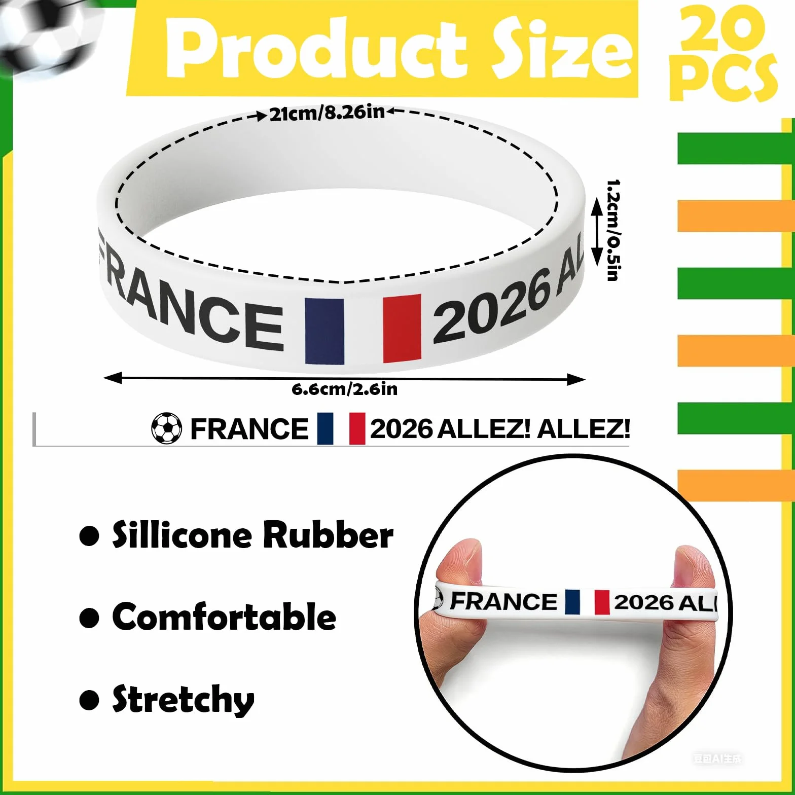 YESAH Pulsera de Silicona Bandera Francia Brillante en la Oscuridad para Fiestas Mundial Fútbol