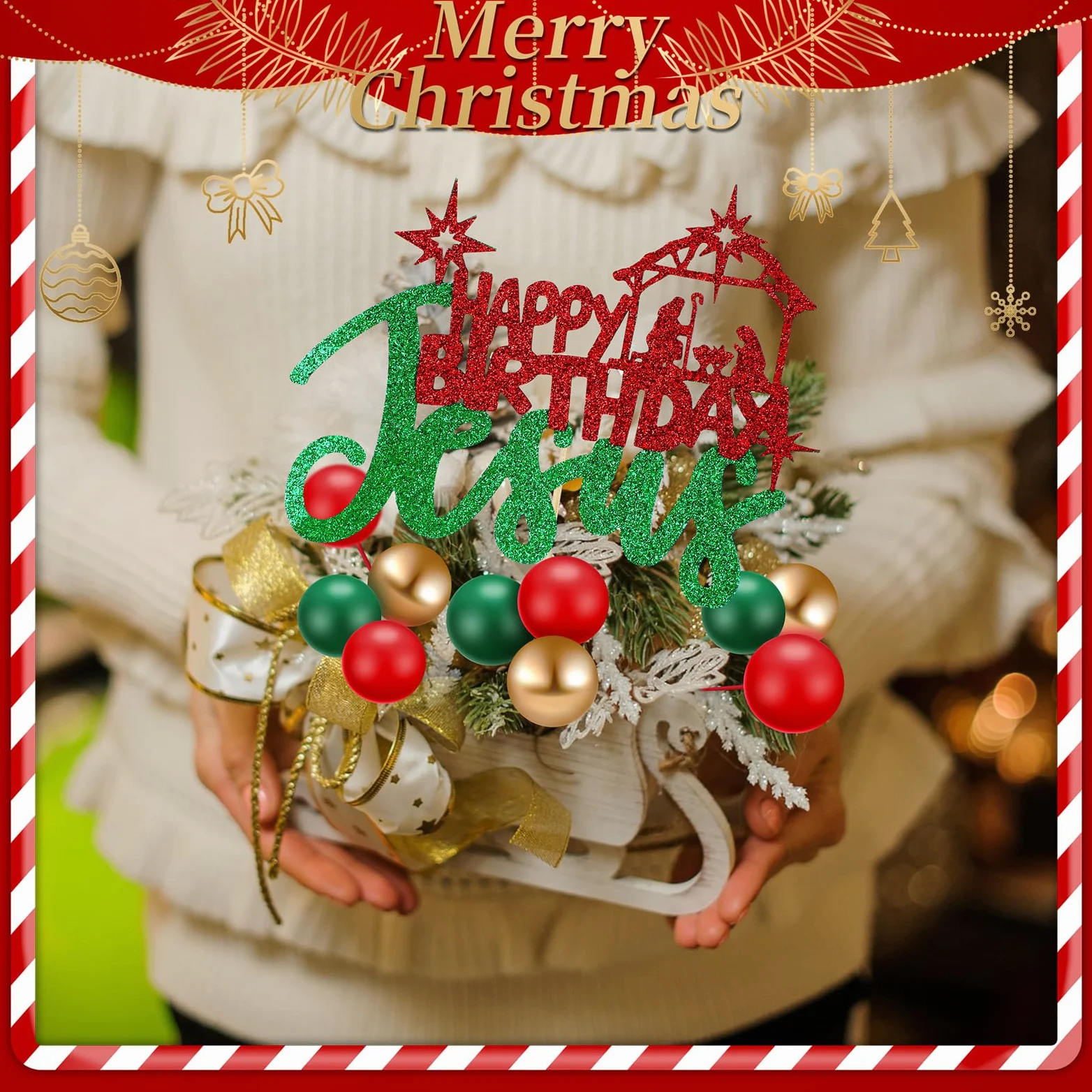 Cinnvoice 31 piezas de decoración para tartas de Navidad con purpurina de Jesús, decoración de pastel de bola, verde, rojo, dorado, belén, decoración para Navidad, vacaciones, boda, aniversario,