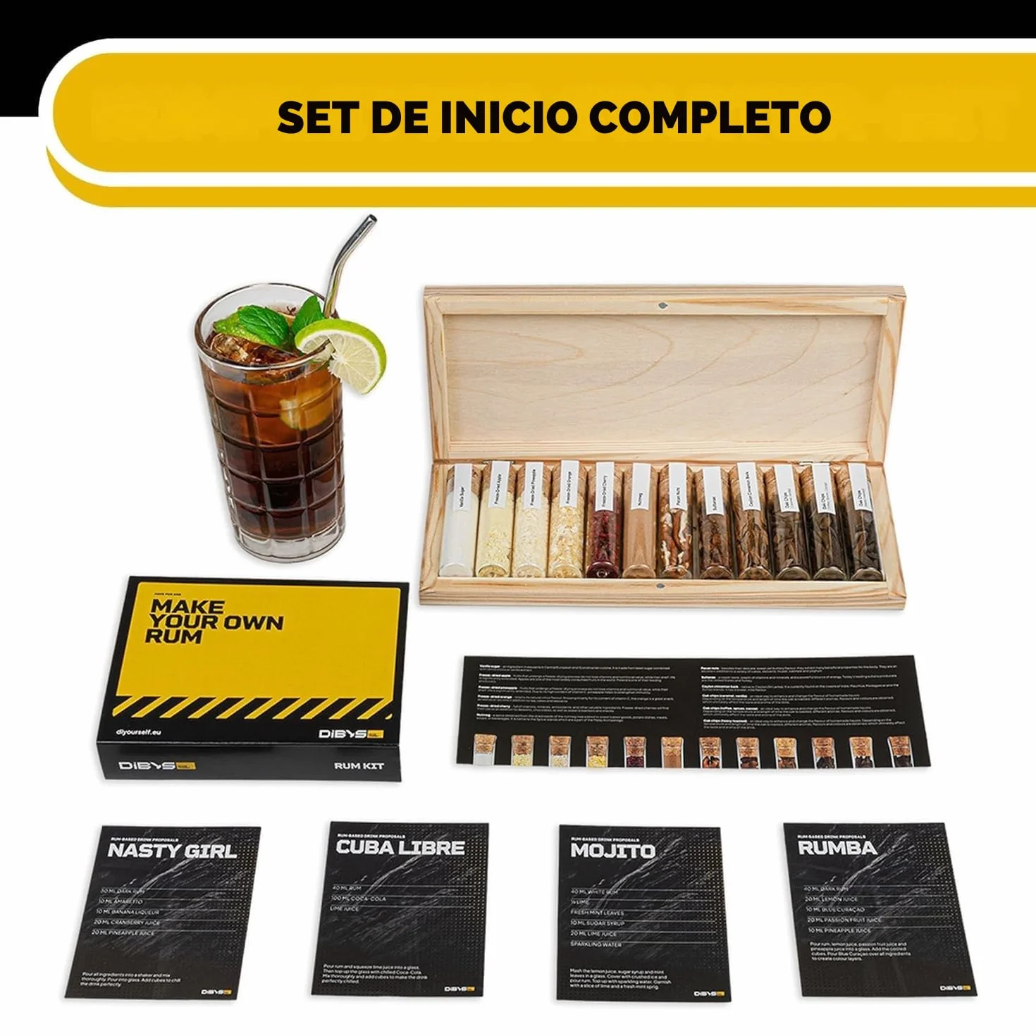 DIBYS Mini Ron Kit de Especias | 12 Botánicos para Infusión y Preparación de Cócteles | con 4 Recetas, Léxico y Elegante Caja | Set de Regalo para Hombres y Mujeres | Juego Hacer Ron en Casa