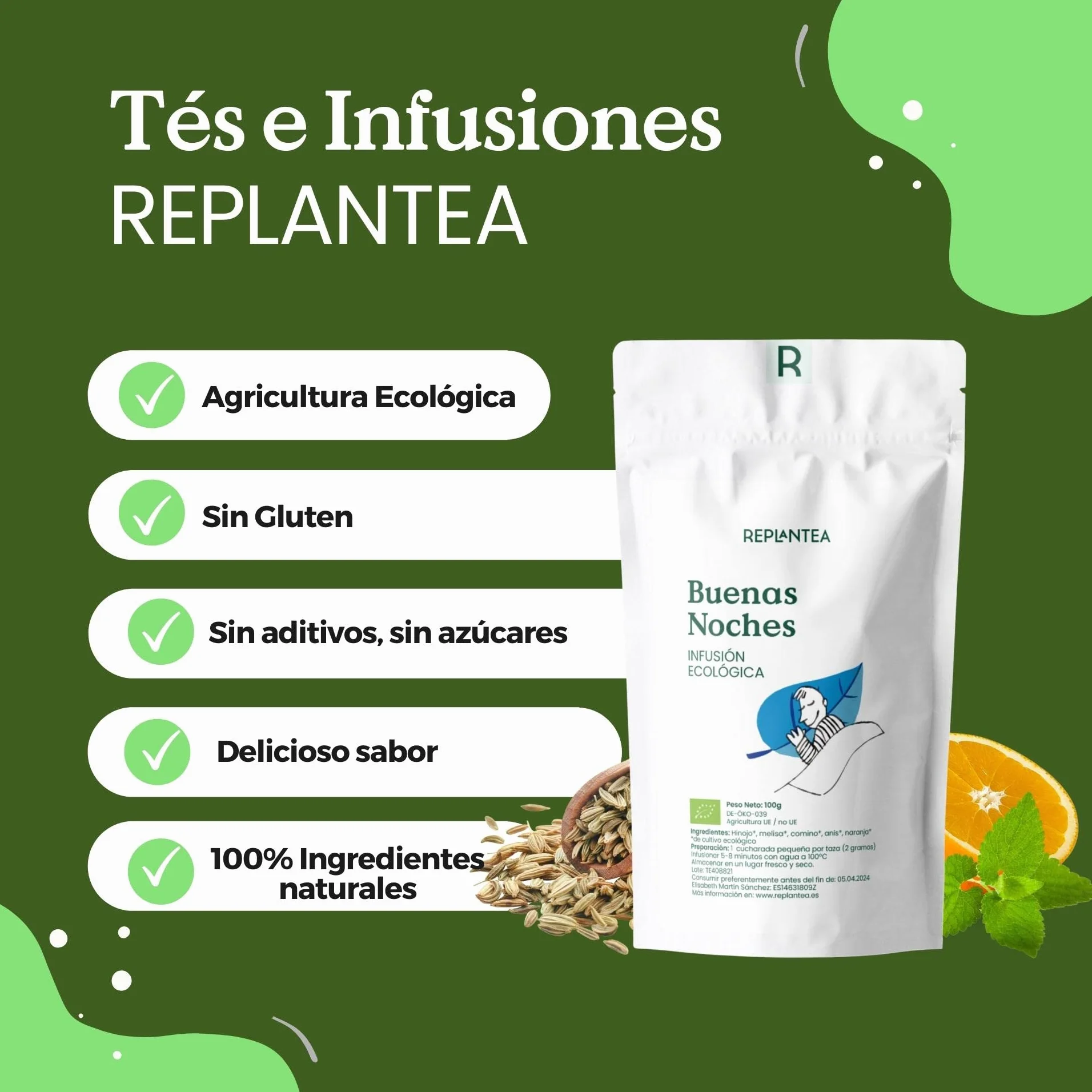 INFUSION PARA DORMIR Buenas Noches 100% Ecológica 100g (50 Tazas) | INFUSION DE MELISA con Hinojo, Anís, Naranja Orgánicos REPLANTEA®