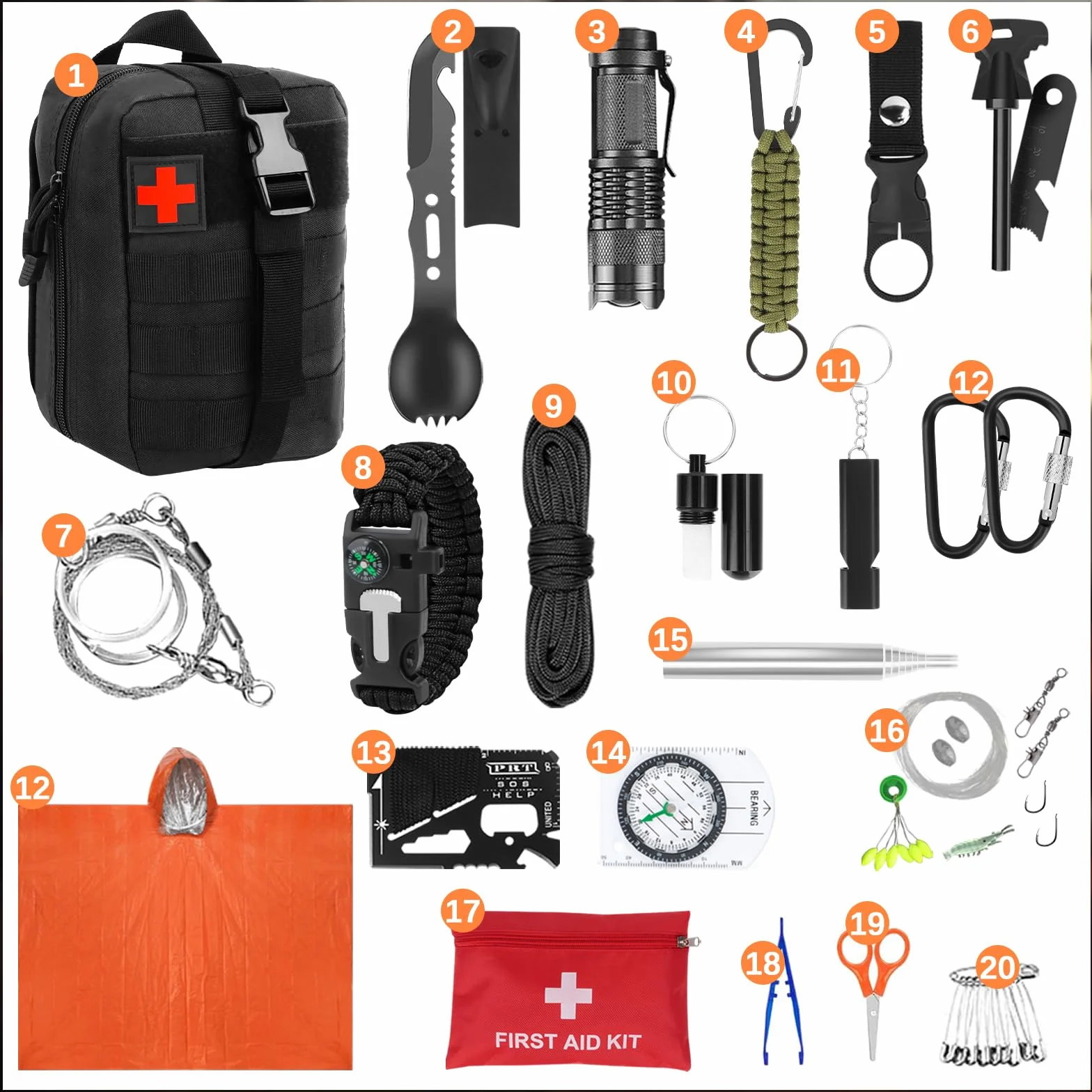 Kit de Supervivencia de Emergencia 69 Piezas 30 en 1 Linterna Táctica Brújula Herramientas Multifunción para Camping