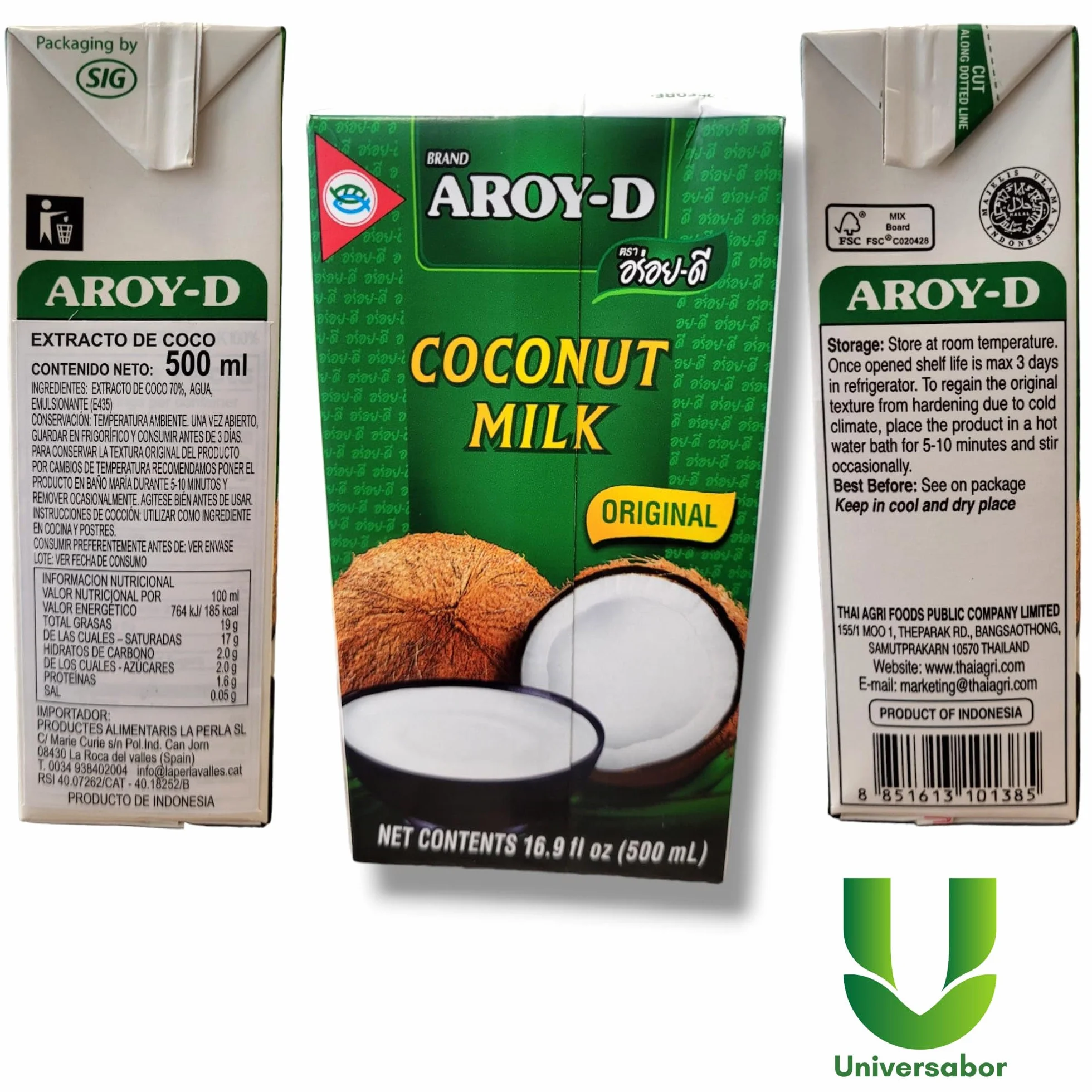 Aroy-D Leche de Coco 500ml Tetrapack Pack de 3