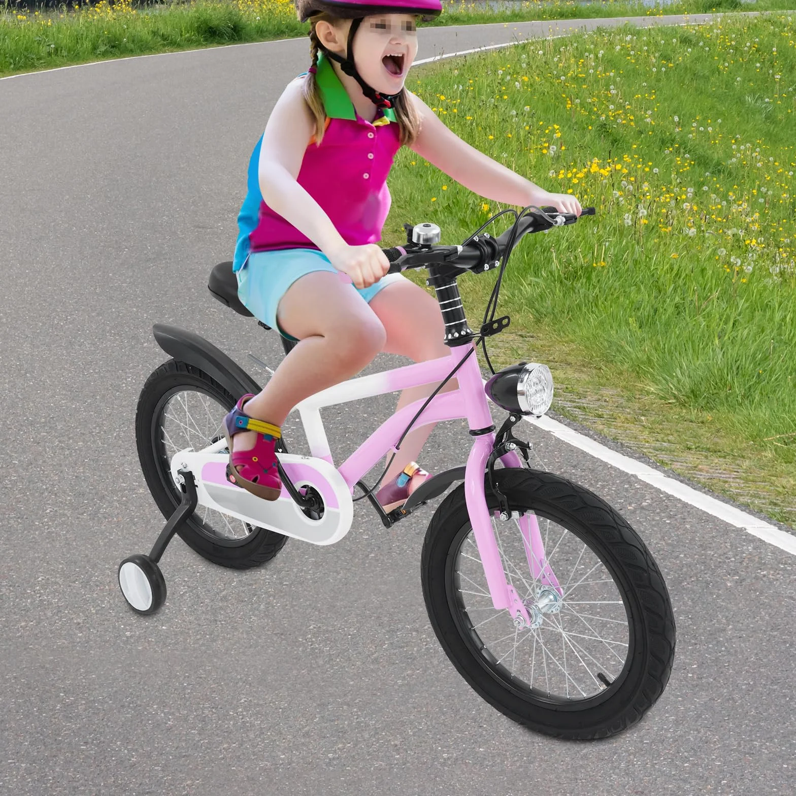 Bicicleta infantil 16 pulgadas freno disco luz LED ruedas estabilizadoras rosa ajustable sillín manillar carga 60 kg