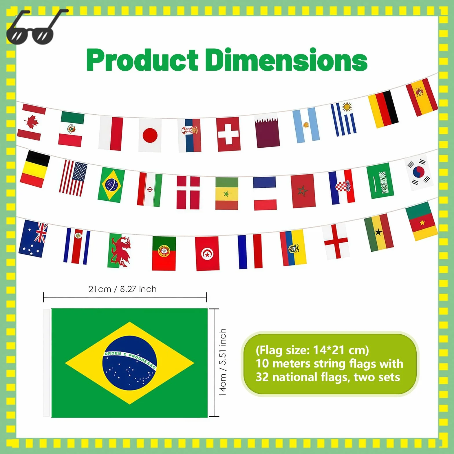 Banderines Mundial 2026, 2 paquetes de 32 banderines, 20 m, guirnalda decorativa de fútbol, impresión por ambos lados
