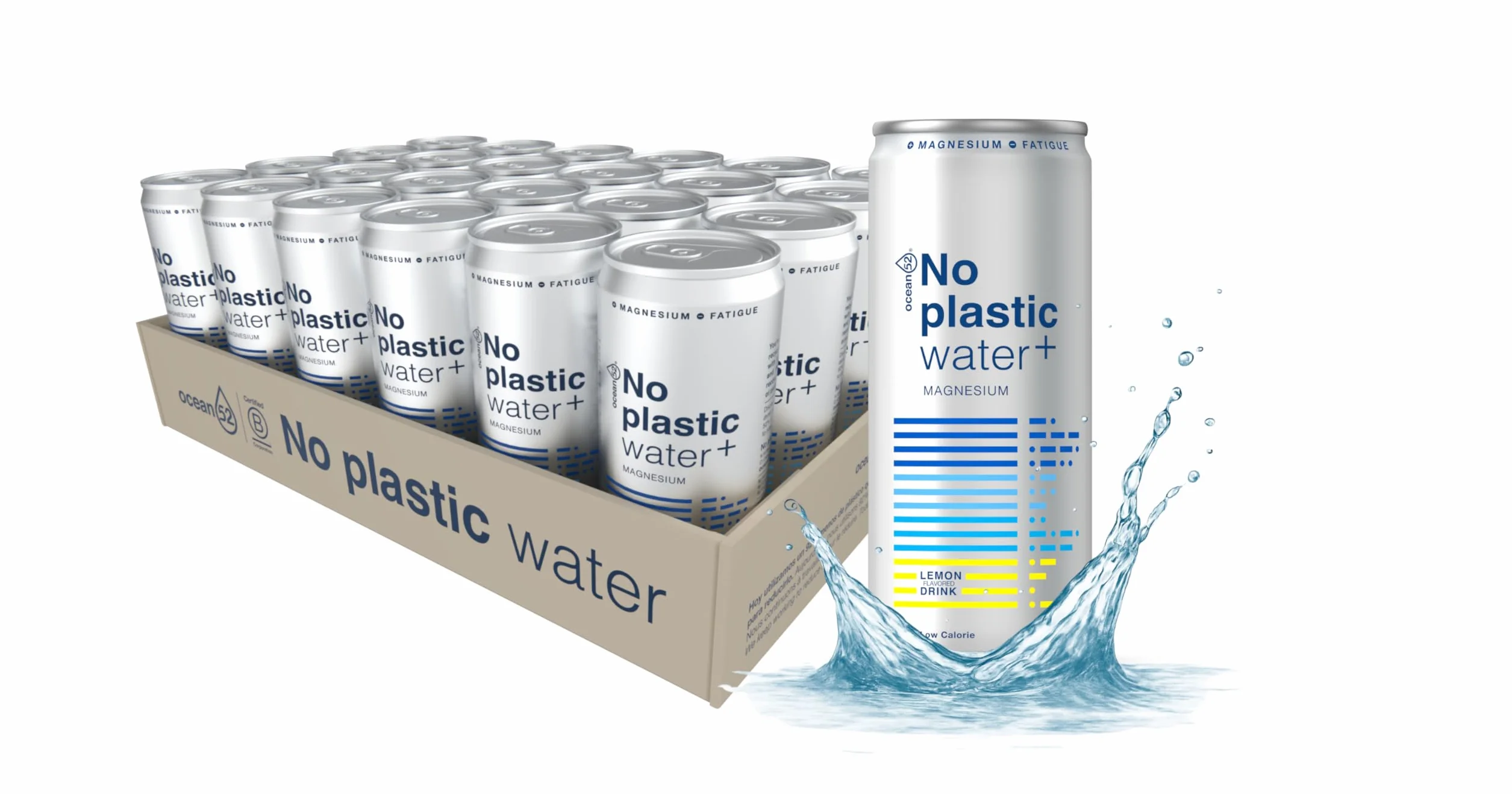 Agua en lata No Plastic Water de Ocean52. Agua Mineral Natural con Limón y Magnesio - Pack 24 unidades x 33cl. Agua en packs de 24 latas de 33cl. Agua mineral en lata x 24.