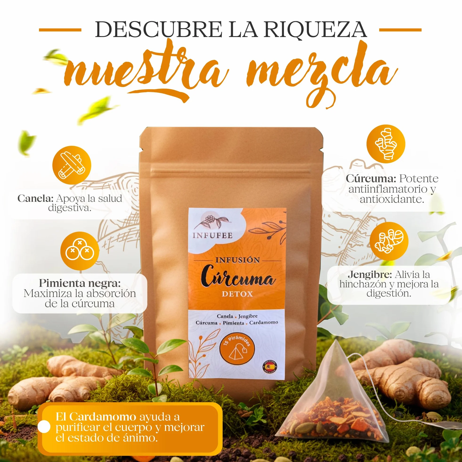 Infusión Detox de Cúrcuma y Jengibre - Té Antioxidante y Antiinflamatorio con Pimienta Negra, Canela y Cardamomo - Plan Adelgazante Natural 15 Dias- Infusión Sin Teína para Dieta Depurativa