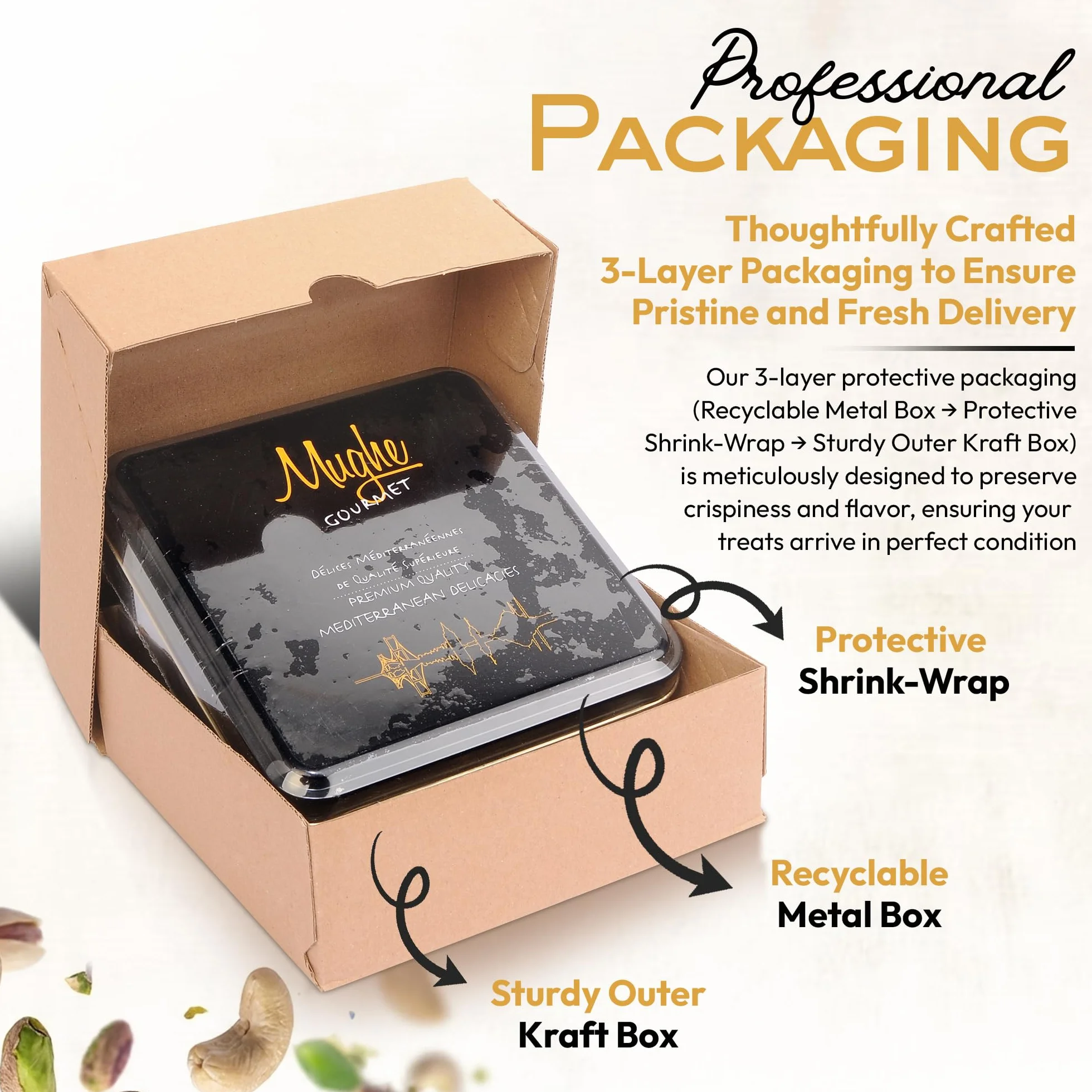 Mughe Gourmet - Caja de regalo de postres de baklava de lujo - Dulces frescos de pistacho turco Baklawa - 750g - doble capa - Regalos de pasteles para hombres y mujeres, Navidad, cumpleaños