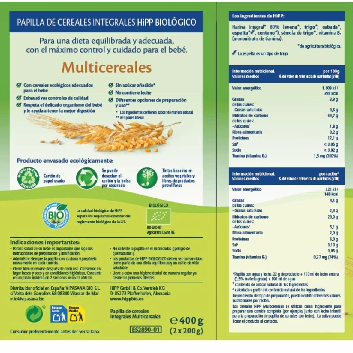 HiPP Biológico - Papilla Multicereales Bio - Pack x 4 cajas de 400 gr - Papilla de Cereales apta a partir de 6 meses - Sin lactosa, Sin Proteína de la Leche de Vaca y Sin azúcares