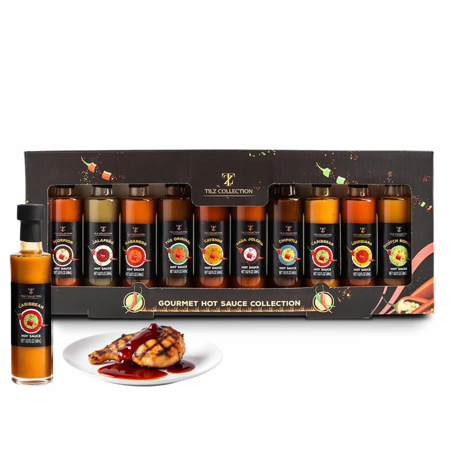 Regalos de salsa picante gourmet para hombres - Juegos de 10 botellas de vidrio 50 ml para amantes de chiles