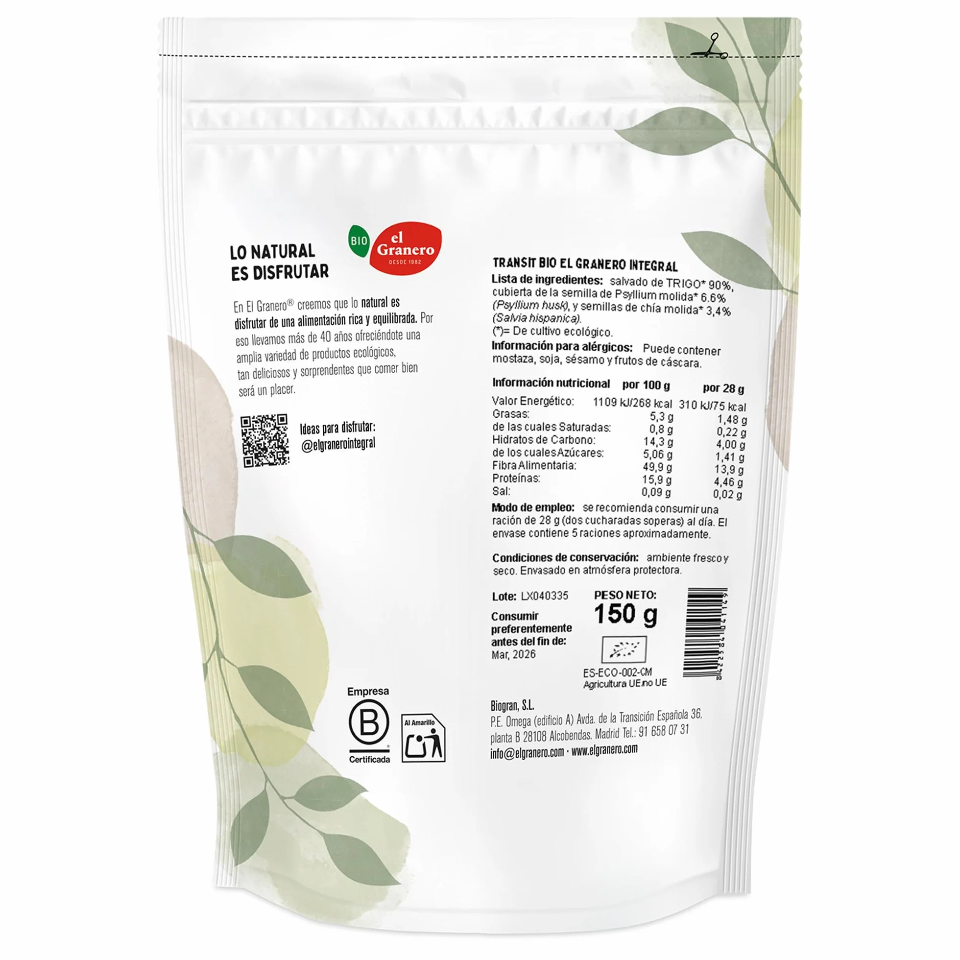 El Granero Integral - LAX Transit Ecológico de 150 g - Salvado de Trigo, Psyllium y Cáscara de Chía - Rico en Fibra - Ideal para Mezclar con Bebidas y Preparar Batidos