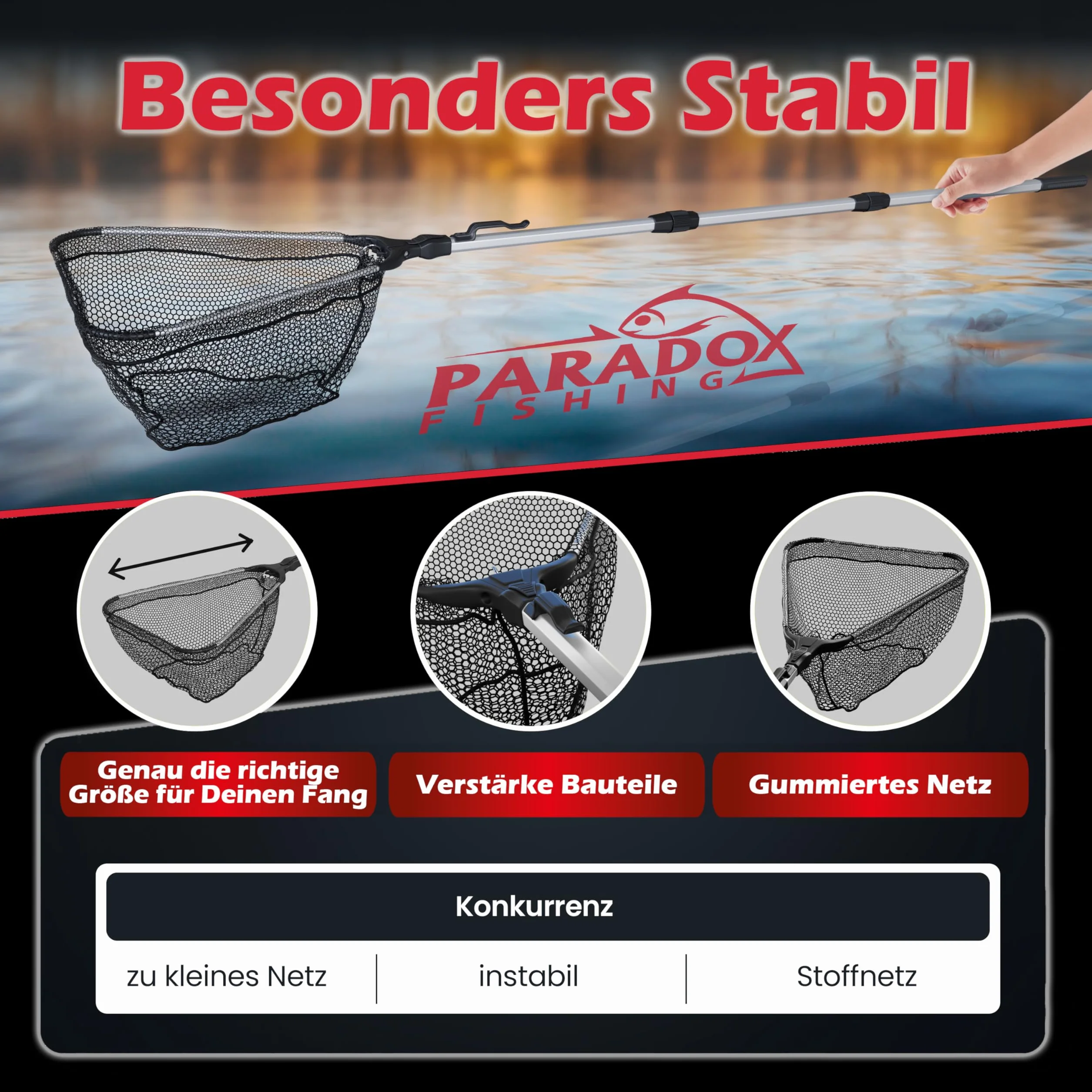 Paradox Fishing Red de pesca de goma telescópica 2,1 m