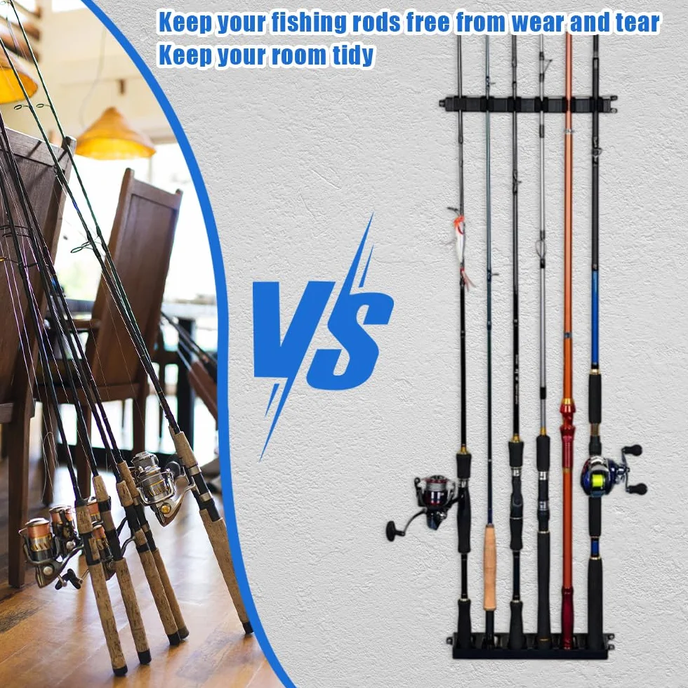 Soportes para caña de pescar vertical y horizontal – Estantería de pared para 6 polos, estante de almacenamiento Rod Rack negro
