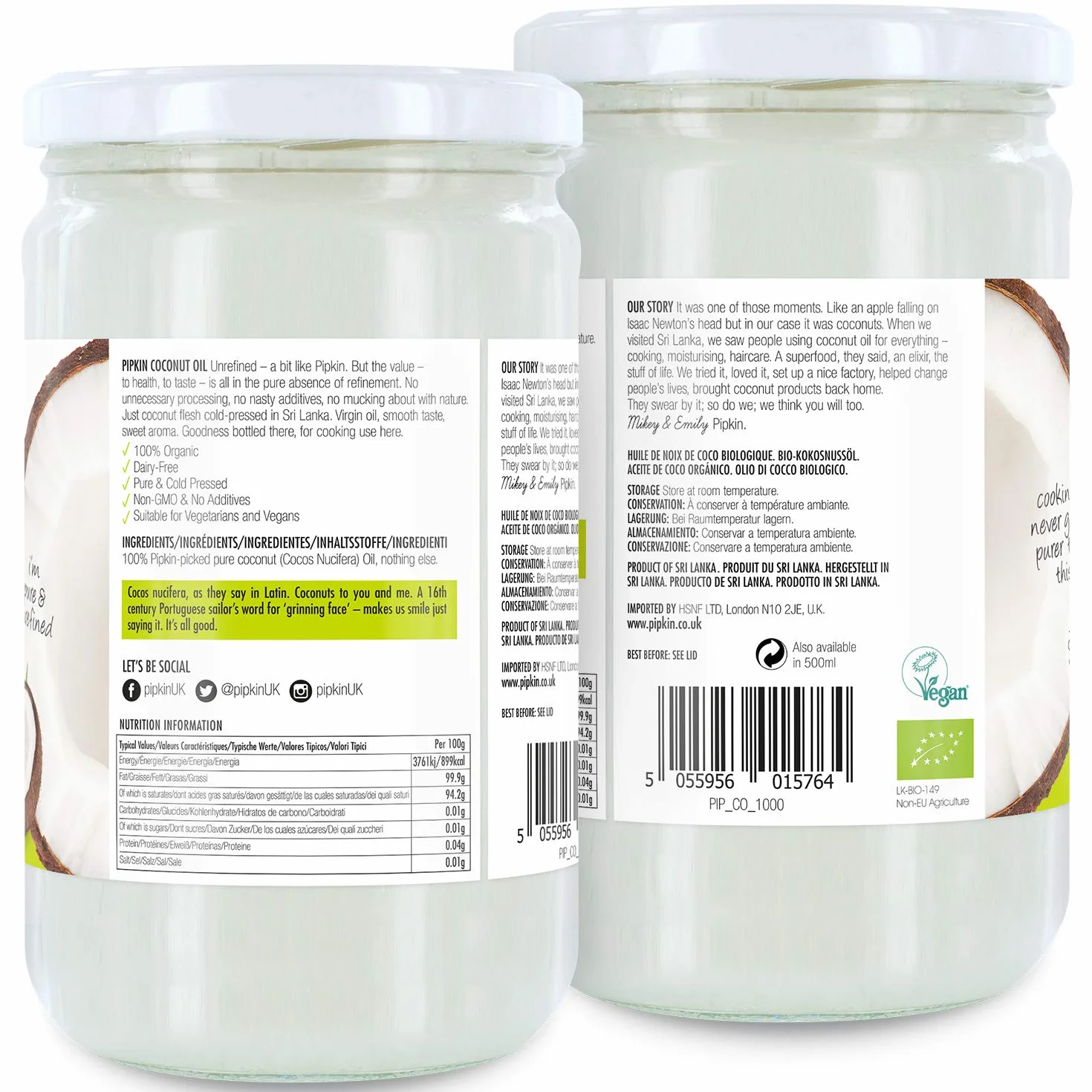 pipkin Aceite de Coco 100% Orgánico, Natural, Virgen Extra Puro. Aceite de coco Multiusos, Prensado en Frío, no GM, Hidratante de Cabello / Piel / Cuerpo. (1L)