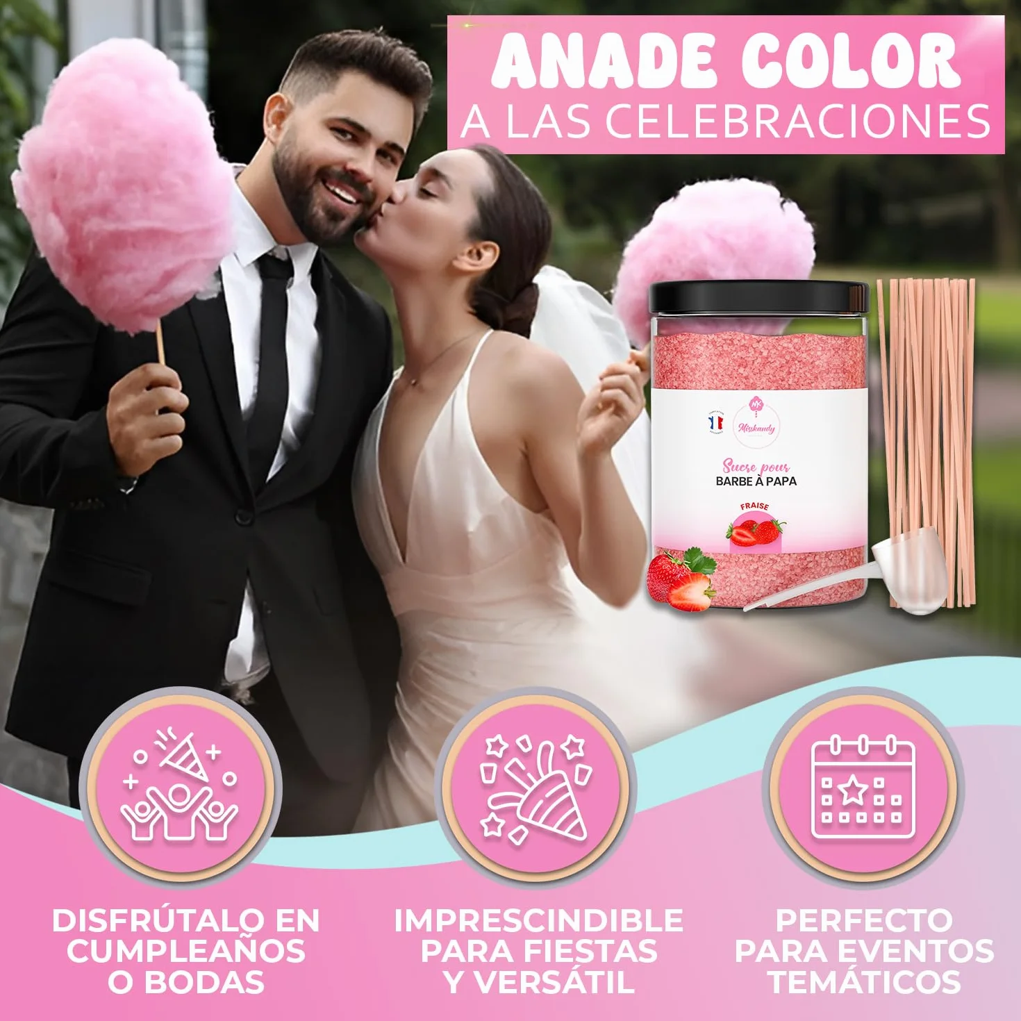 Misskandy-Azúcar para Algodón de Azúcar, Fresa 1,4 kg (Sabores y Colorantes Naturales) +50palitos