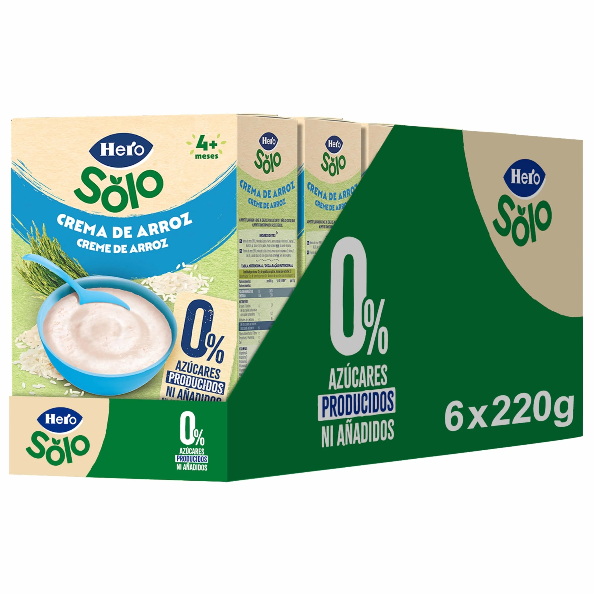 Hero Solo Papilla Crema de Arroz, Sin Gluten, Rica en Fibras y Vitaminas, Sabor Natural para Bebés, a partir de 4 meses, Pack x 6 units x 220 g