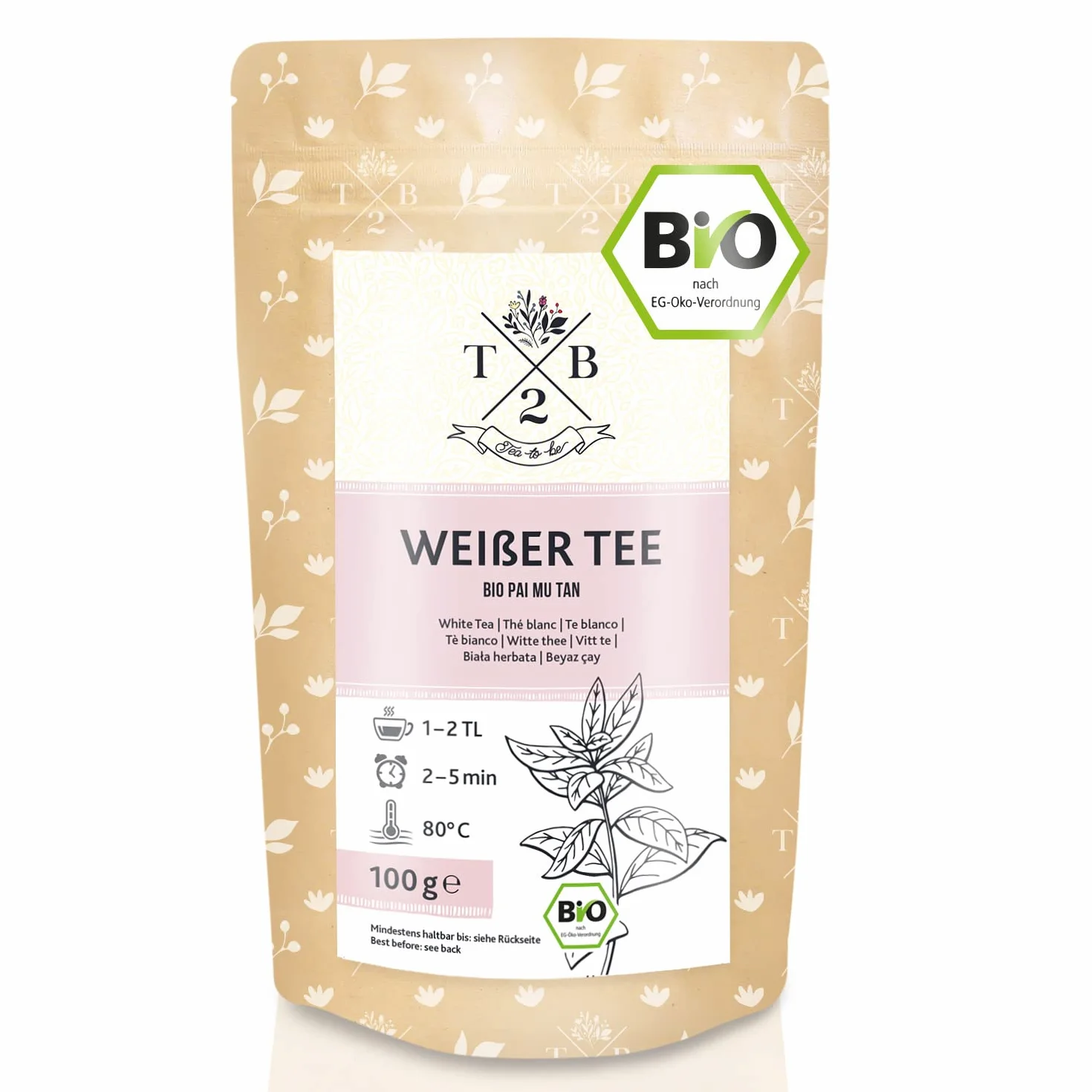 Té Blanco Ecológico - Té Pai Mu Tan. 100 g, hojas enteras - suave, fragante y aromático. (40 tazas) | Tea2Be