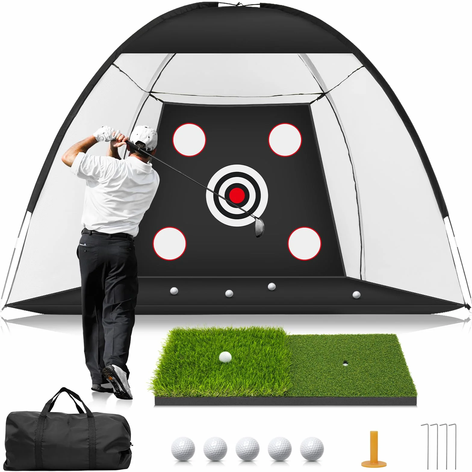 Red de Golf 10x7 pies para Patio Trasero con Alfombrilla de Doble Césped y Golpeo Todo en 1