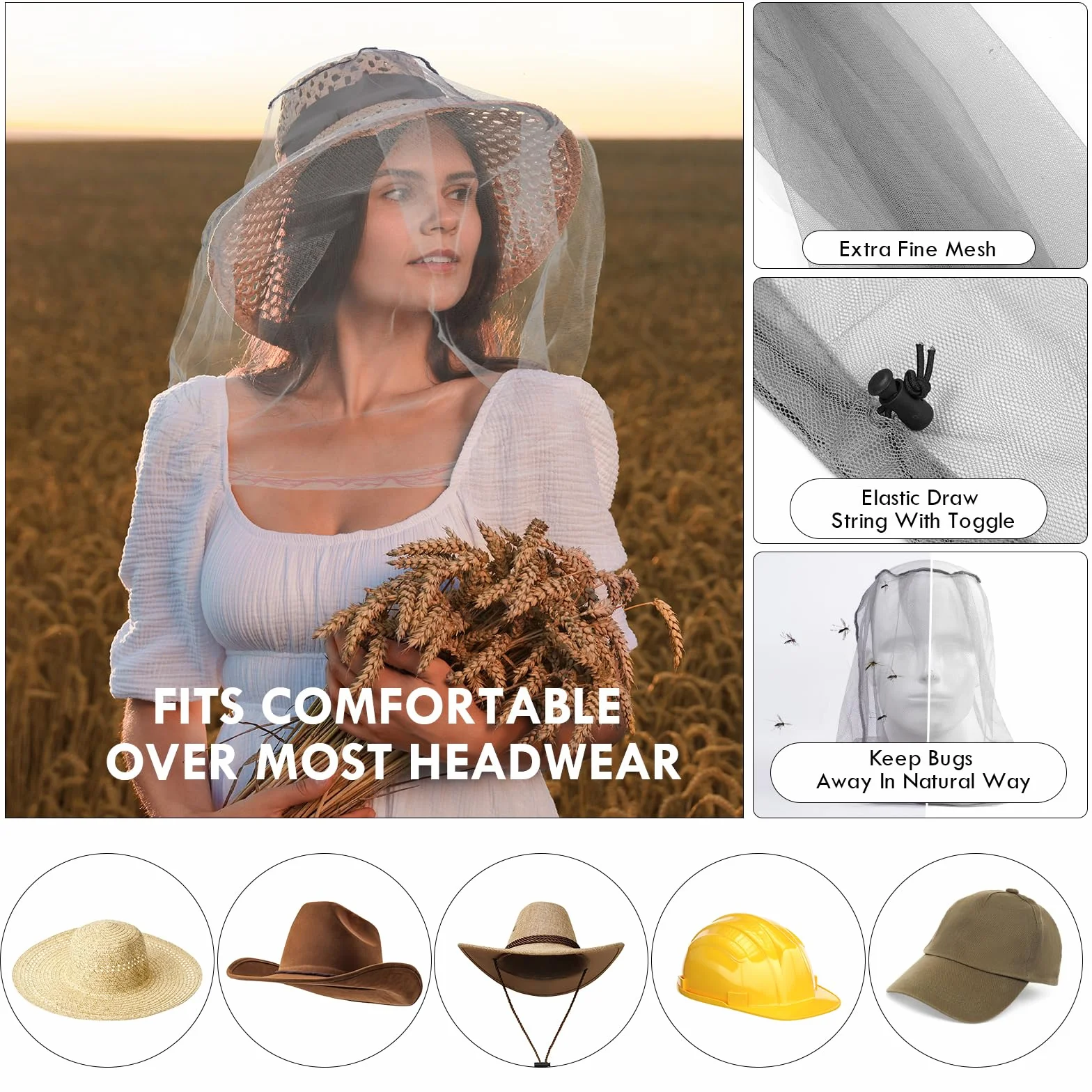 ACWOO Mosquitera de Cabeza Malla Red Contra Insectos Mosquitos Gorro para Rostro y Cuello Gris