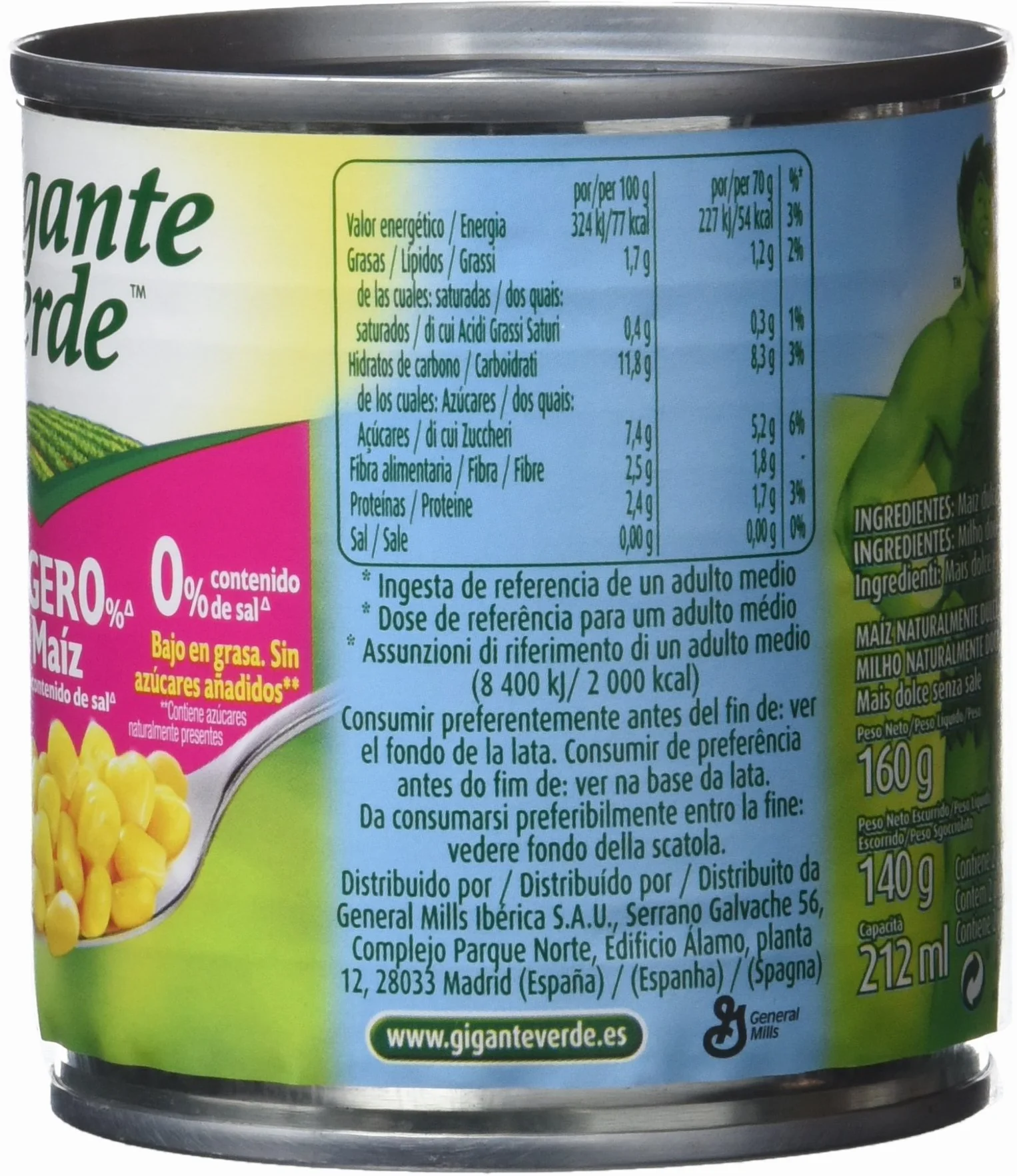 Gigante verde bipack lata de maíz dulce ligero% (0% sal) 2x160g