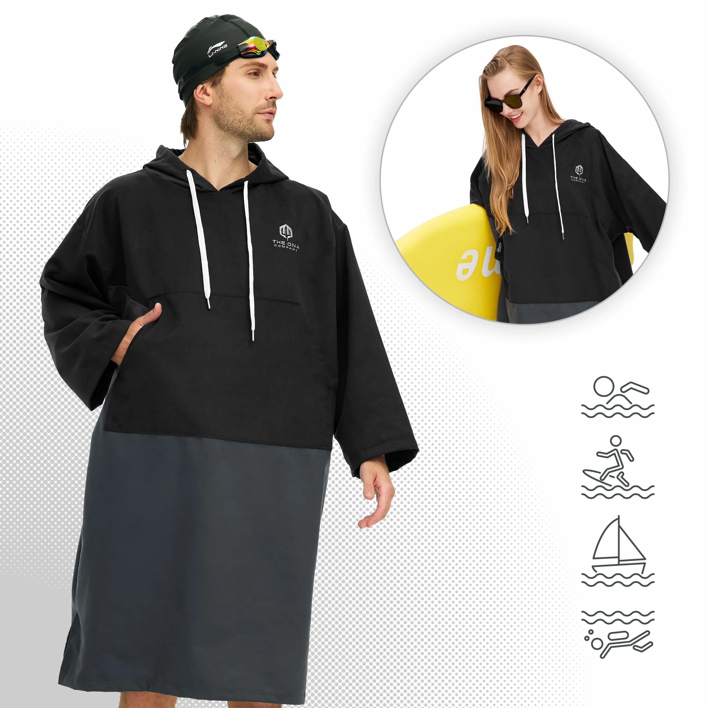 Poncho Surf de Microfibra Ligero Secado Rápido Hombre Mujer Playa Piscina Natación Negro