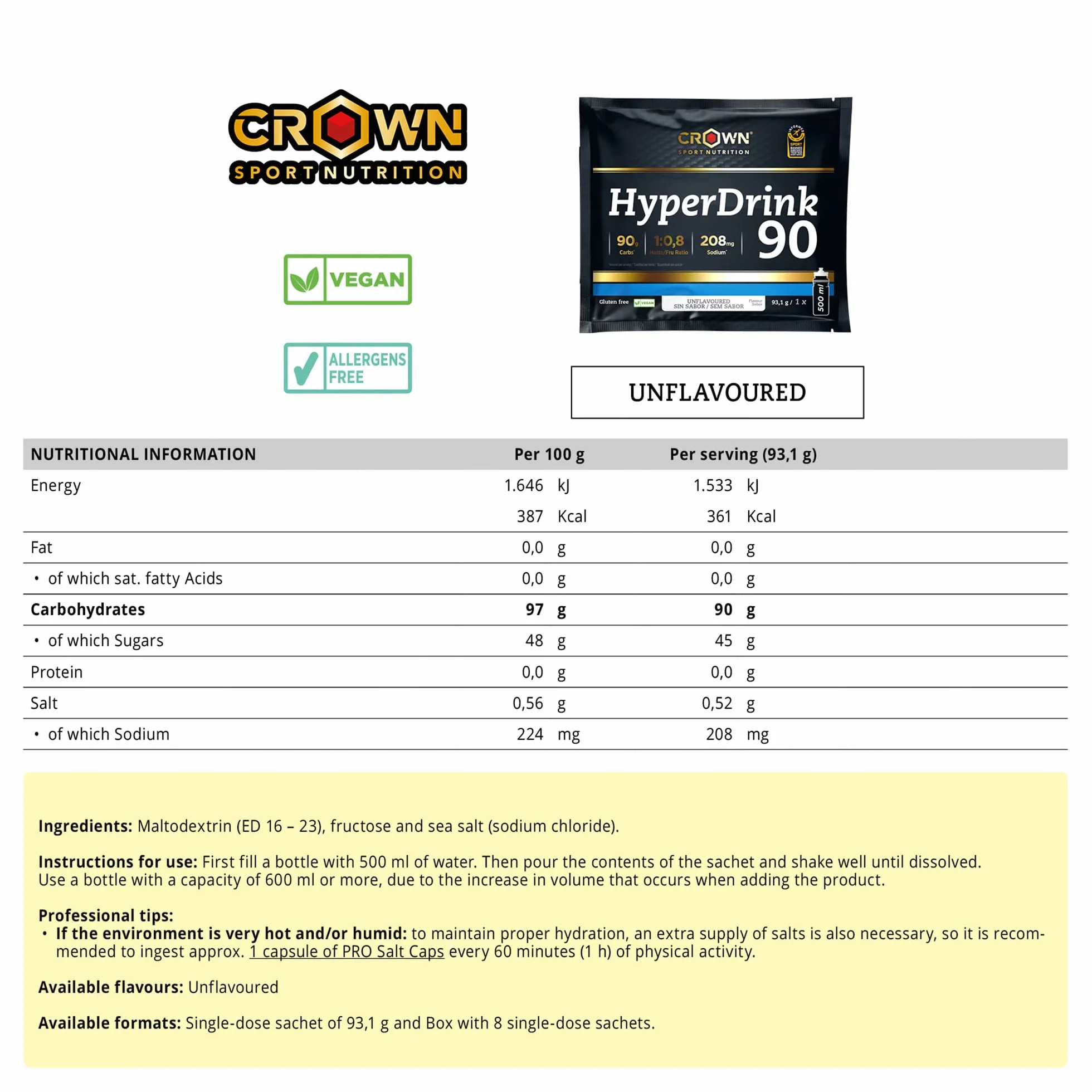 Crown Sport Nutrition HyperDrink 90, Bebida con 90 gramos de carbohidratos en 500 ml y un plus de sodio. Con Maltodextrina y Fructosa en ratio 1:0,8 y sal marina (Caja (8 x 93,1g))