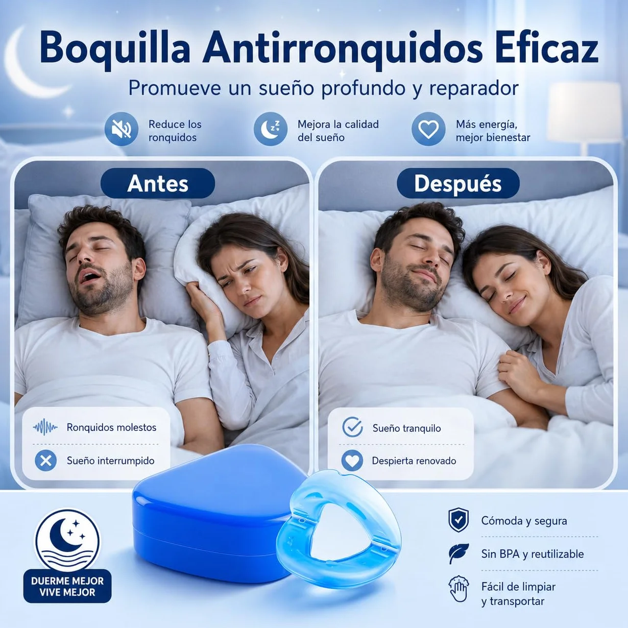 Férula Antirronquidos Ajustable, Dispositivo de Avance Mandibular Termomoldeable