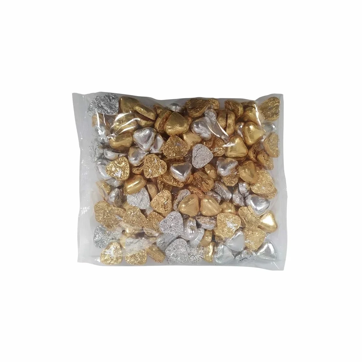 Corazones de Chocolate con Leche con decoración en color plata y oro Interdulces 1 kg