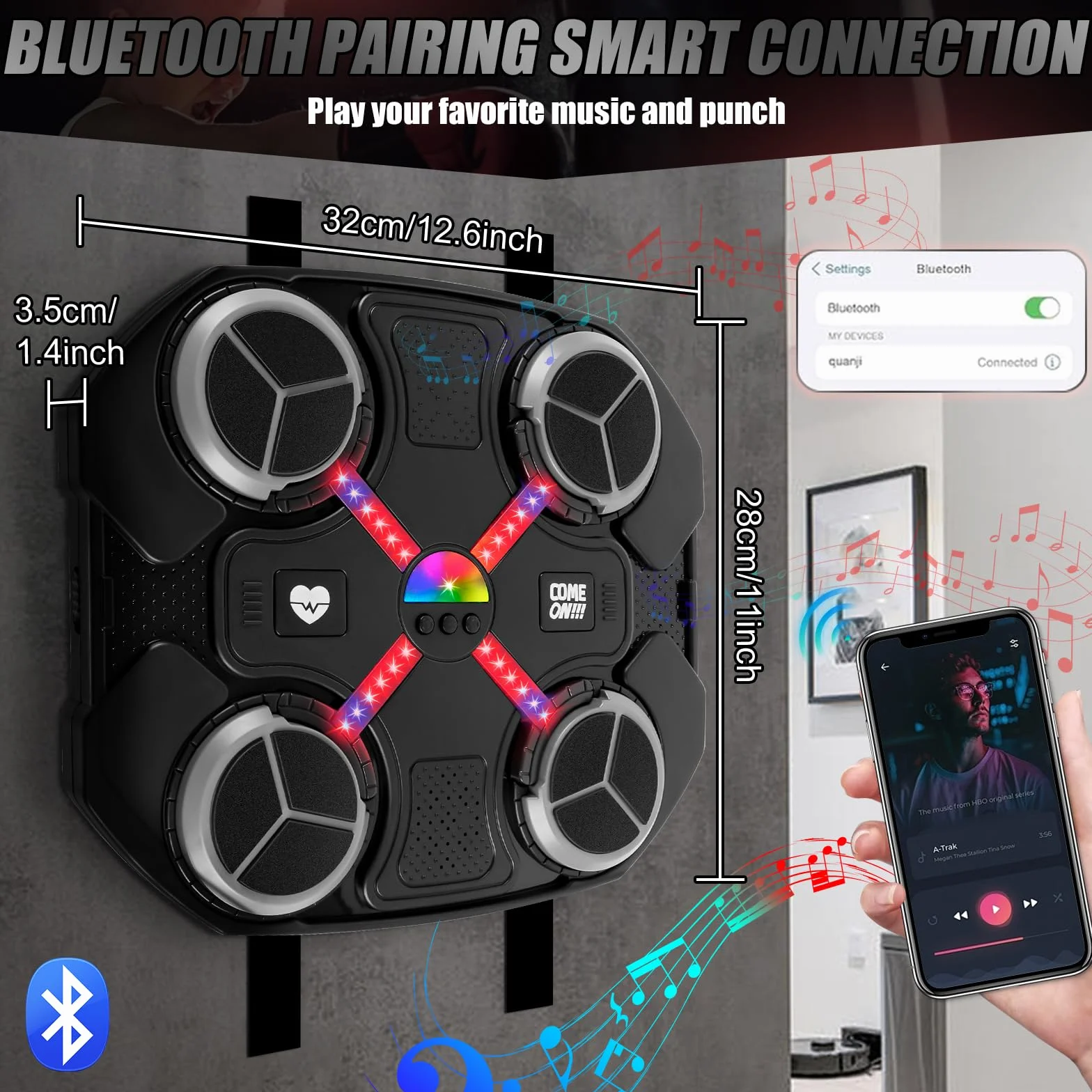 Máquina de Boxeo Musical Infantil Inteligente Bluetooth 3 Niveles Velocidad Guantes Luces Frías Montaje Pared