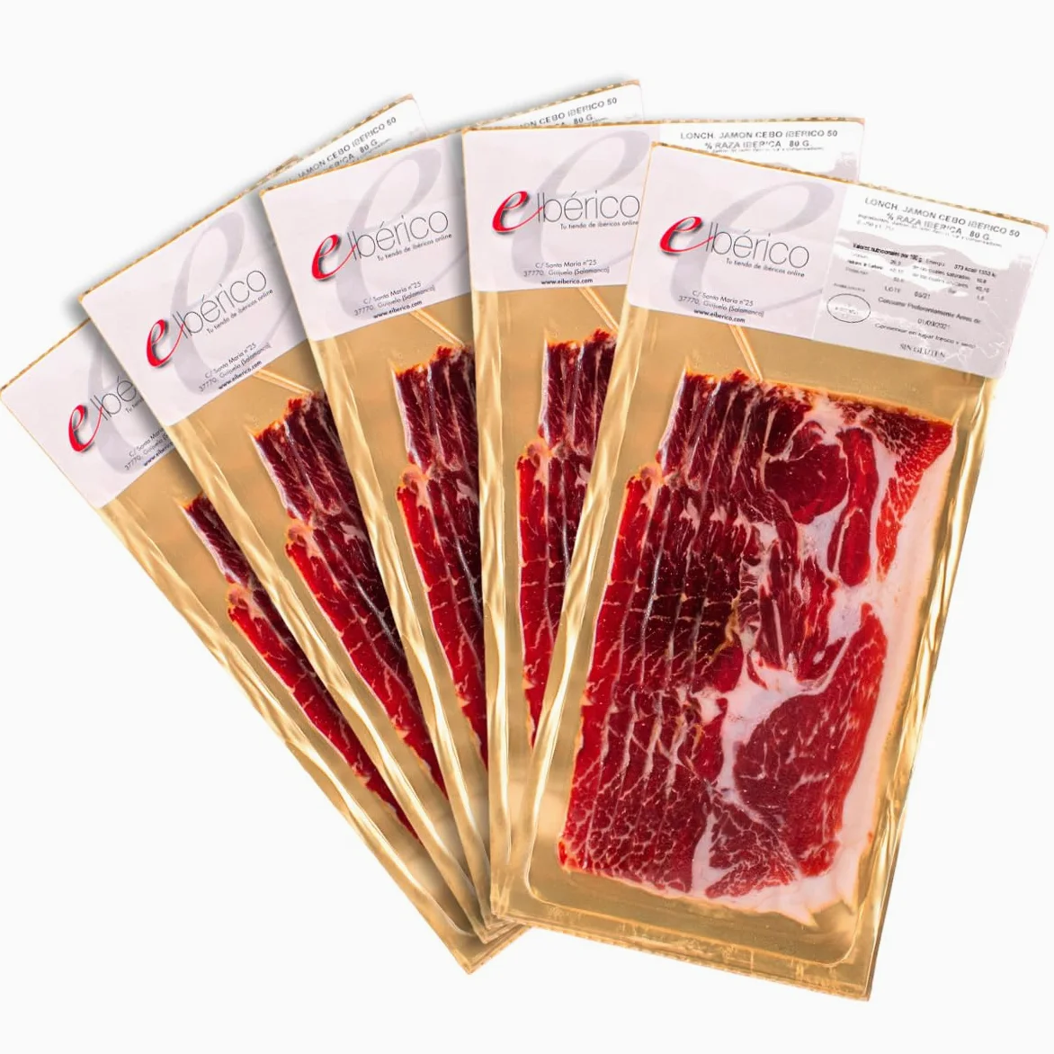 EIbérico - Jamón de Cebo Ibérico 50% Raza Ibérica – Loncheado al Vacío para Mayor Frescura – Sabor Tradicional y Gourmet – Producto Español (Pack 5 Sobres)