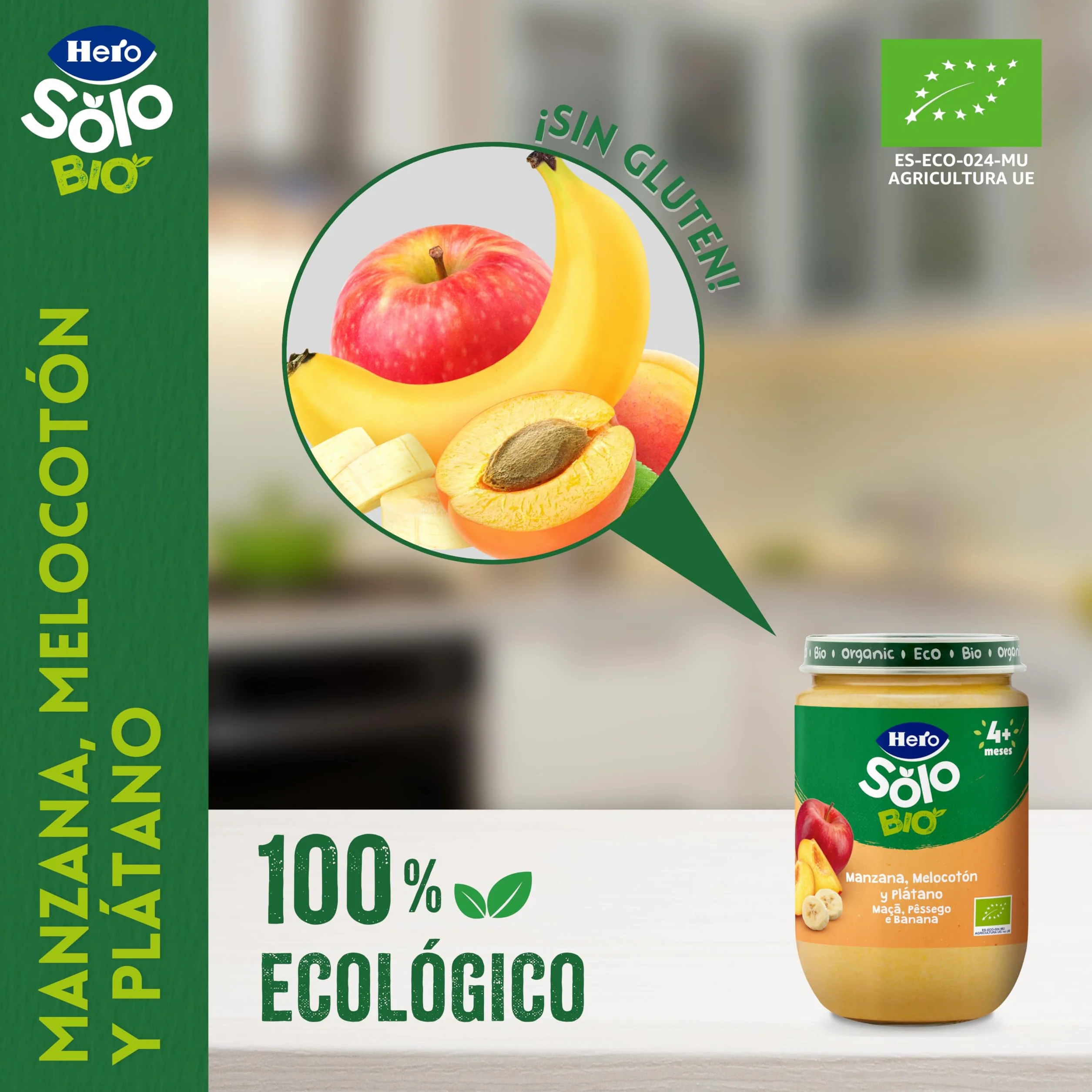 Hero Solo Bio Tarritos de Manzana, Melocotón y Plátano 100% Ecológico, con Ingredientes Naturales para bebés desde los 4 meses - Pack de 12 x 190 g