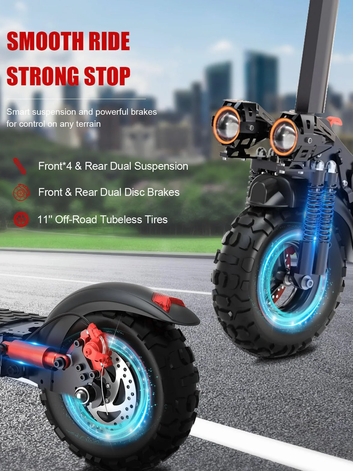 Patinete Electrico Adultos Plegable 1200W E-Scooter 45-55km Autonomia 11 Neumaticos Todo Terreno IPX5 Doble Frenos Suspension 3 Modos Velocidad Carga 150 kg