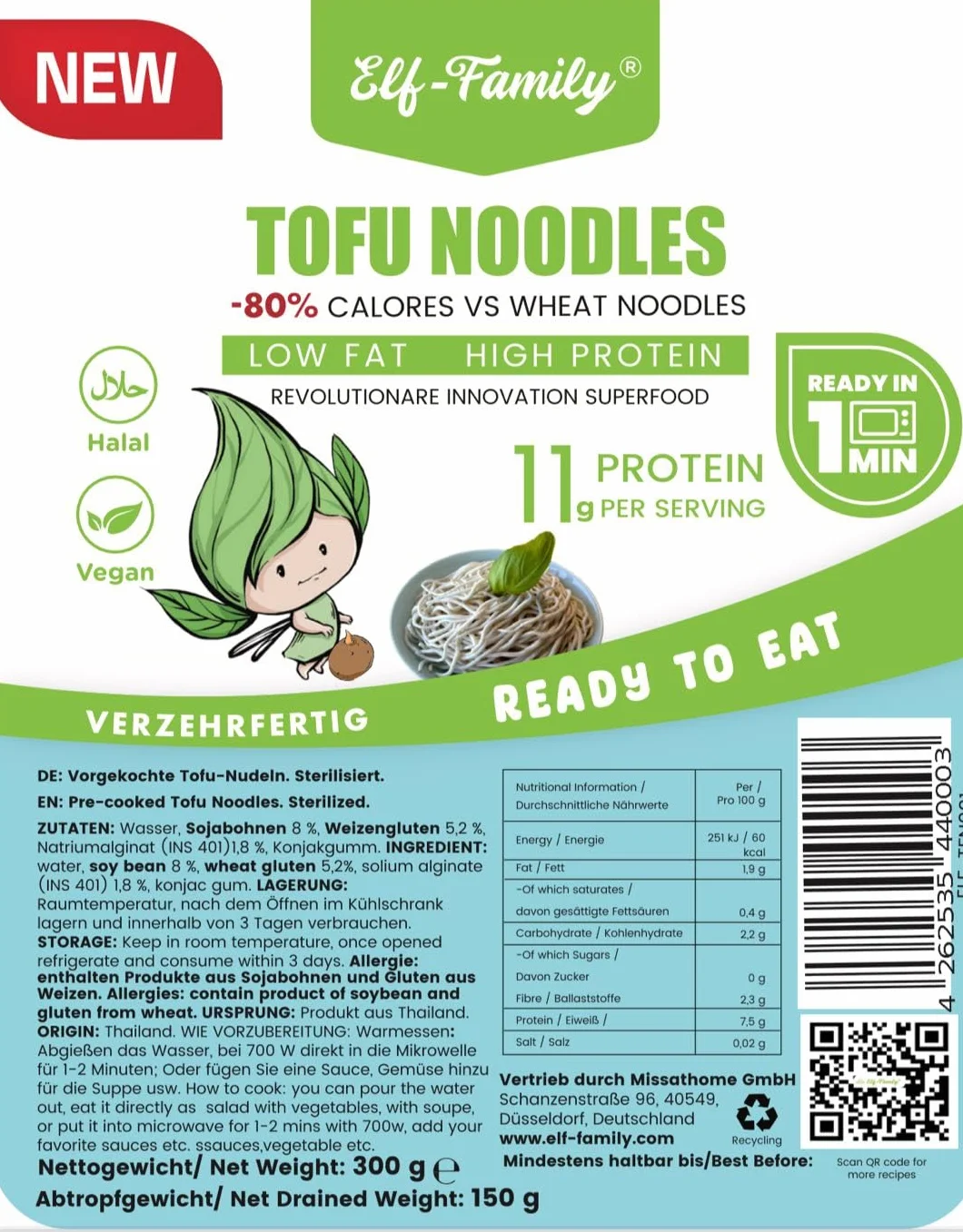 Elf-Family Fideos de tofu - (300 g × 6er) Fideos Instantáneos de Alta Proteína, Menos Carbohidratos, Baja en Carbohidratos, Vegana, Preparación Rápida, Auténtica de Tailandia, Baja Grasa y Sin